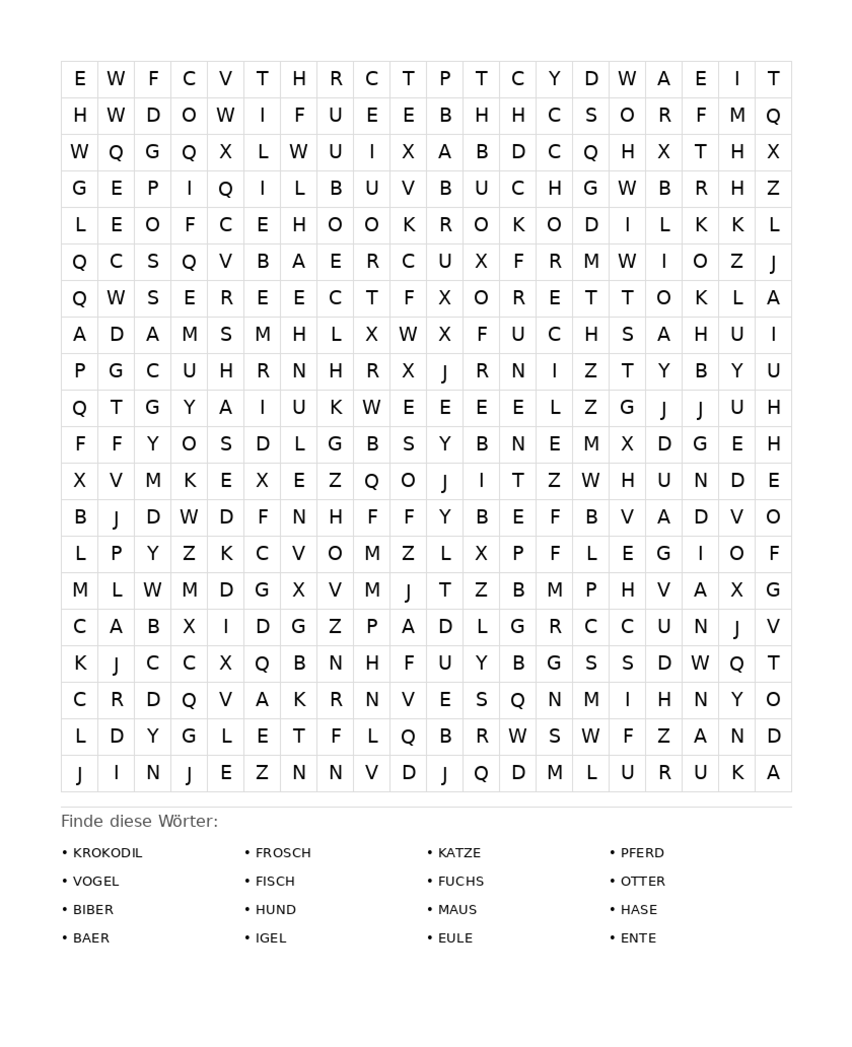 Wortsuchrätsel Wortsuchrätsel: Tiere für Erwachsene aus der Kategorie Wortsuchrätsel - kostenlos ausdrucken