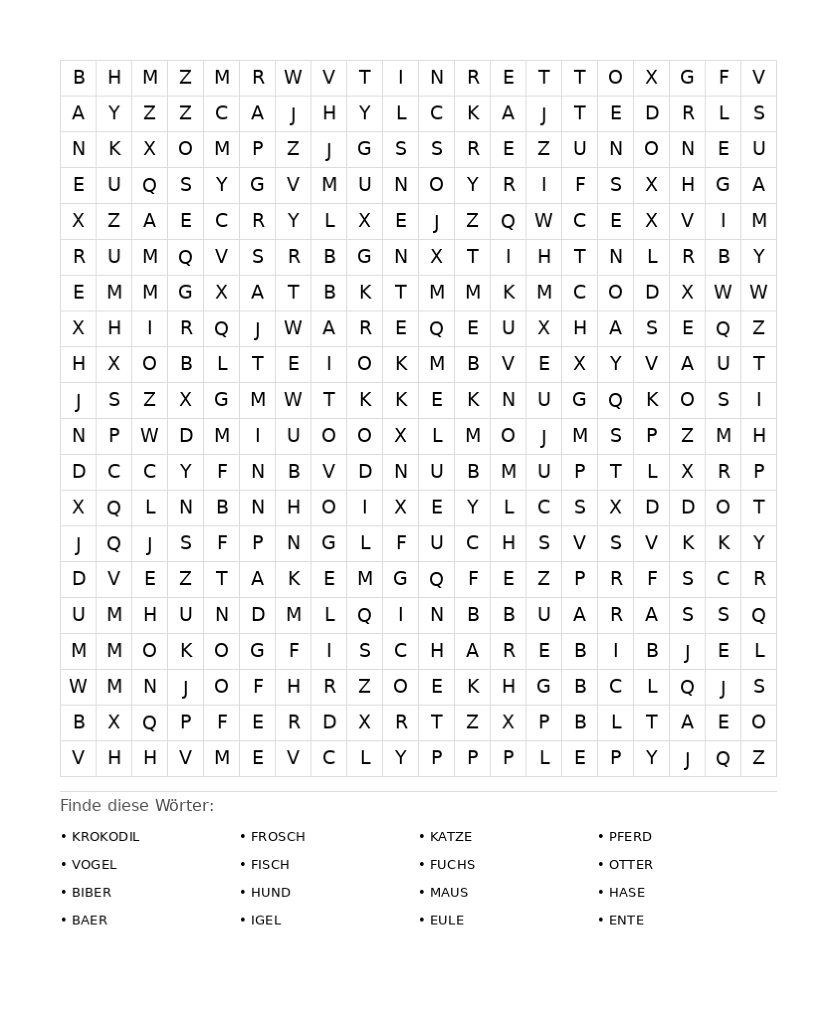 Wortsuchrätsel Wortsuchrätsel: Tiere für Erwachsene aus der Kategorie Wortsuchrätsel - kostenlos ausdrucken