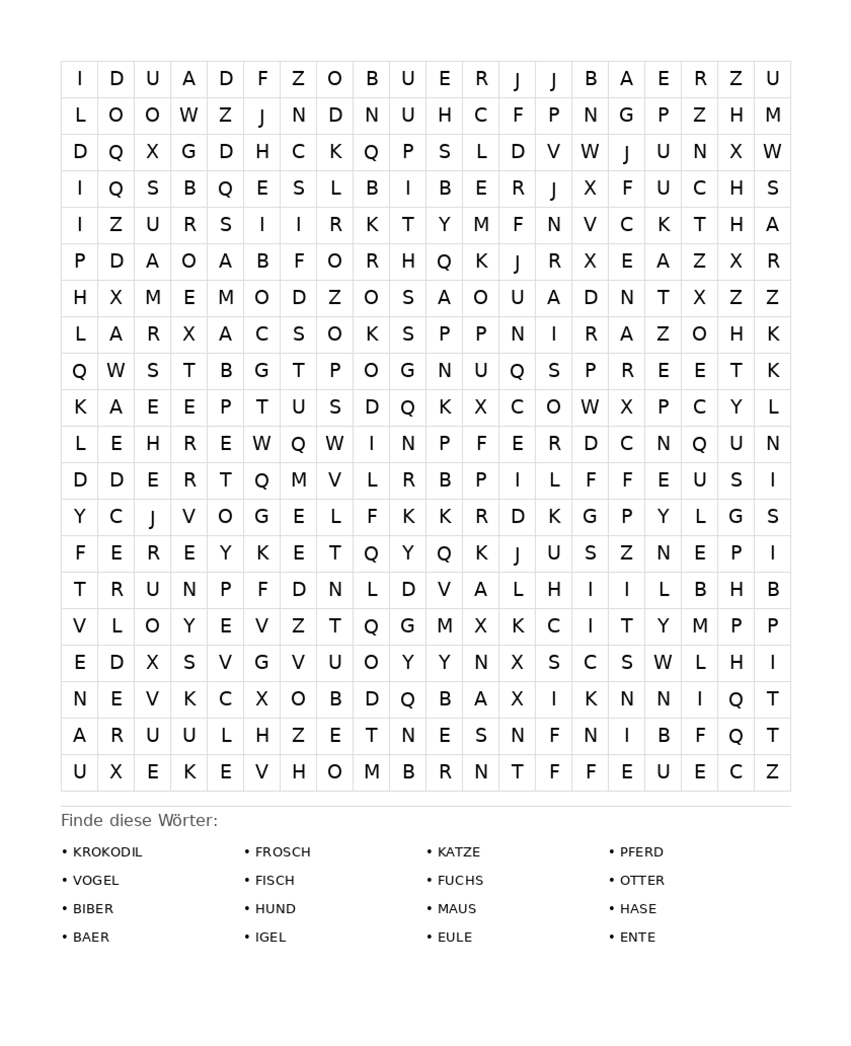 Wortsuchrätsel Wortsuchrätsel: Tiere für Erwachsene aus der Kategorie Wortsuchrätsel - kostenlos ausdrucken