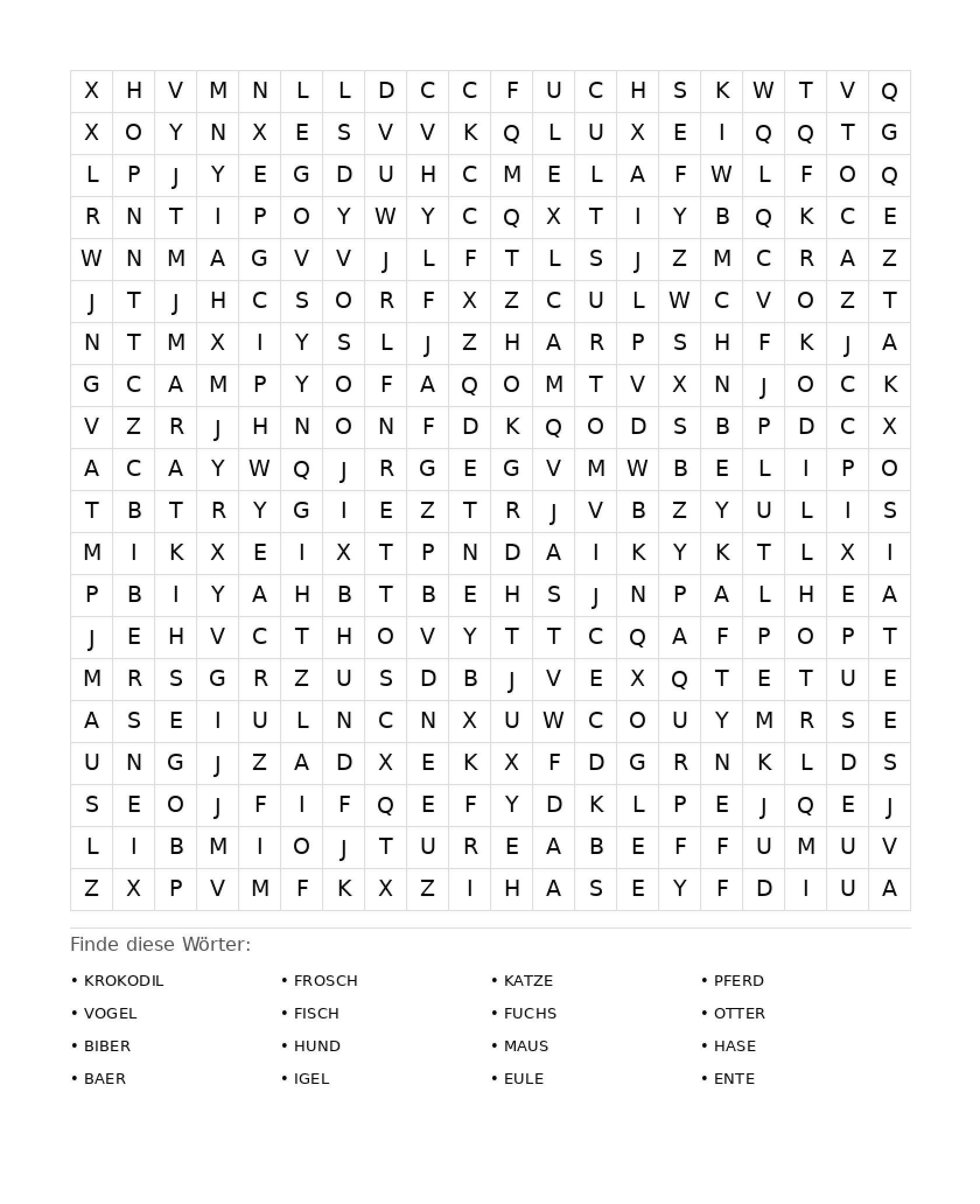 Wortsuchrätsel Wortsuchrätsel: Tiere für Erwachsene aus der Kategorie Wortsuchrätsel - kostenlos ausdrucken