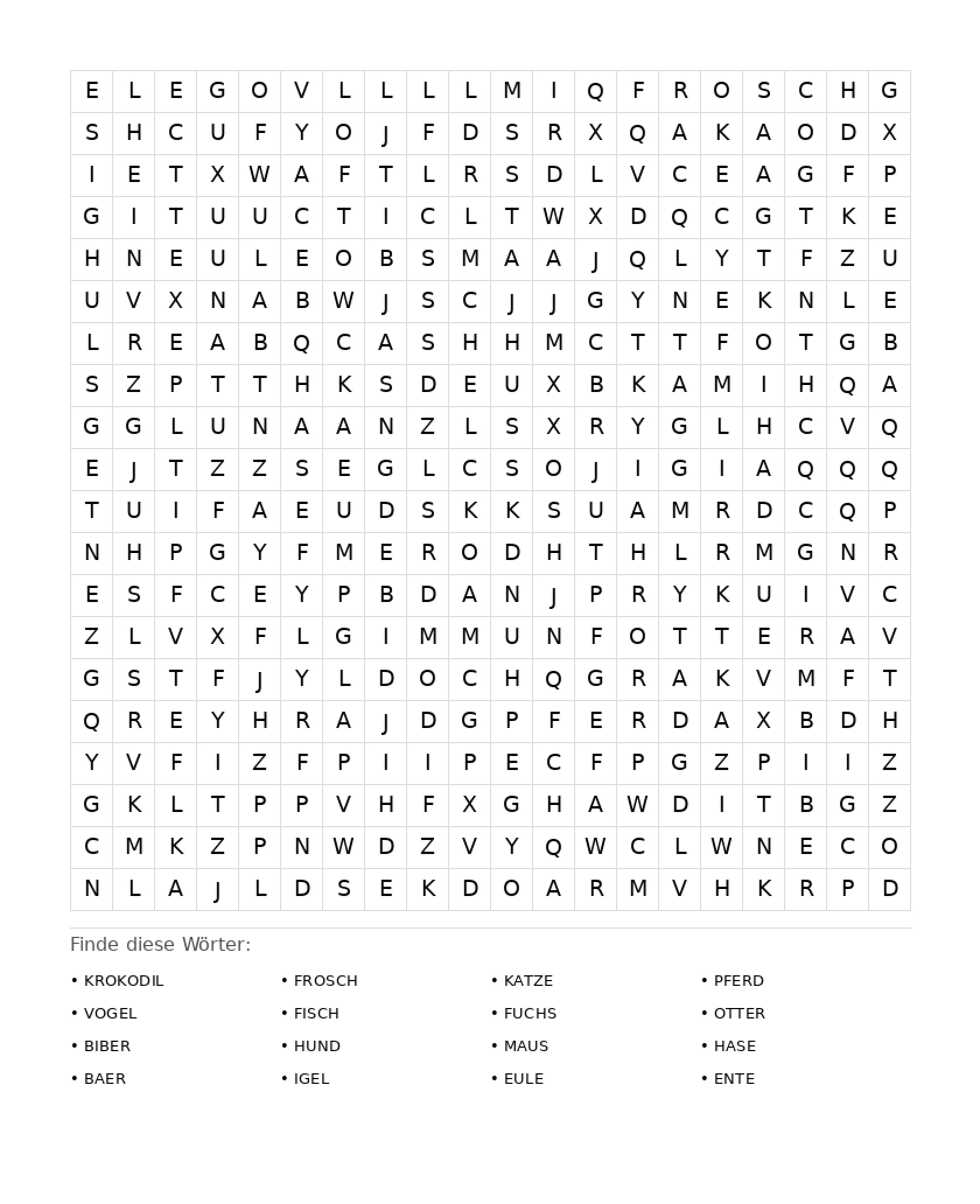 Wortsuchrätsel Wortsuchrätsel: Tiere für Erwachsene aus der Kategorie Wortsuchrätsel - kostenlos ausdrucken