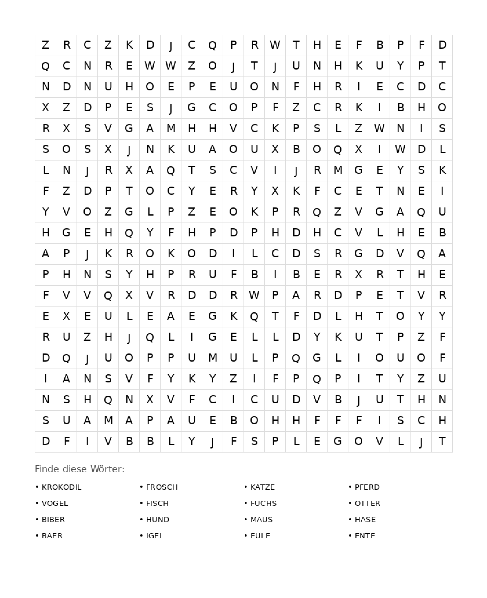 Wortsuchrätsel Wortsuchrätsel: Tiere für Erwachsene aus der Kategorie Wortsuchrätsel - kostenlos ausdrucken