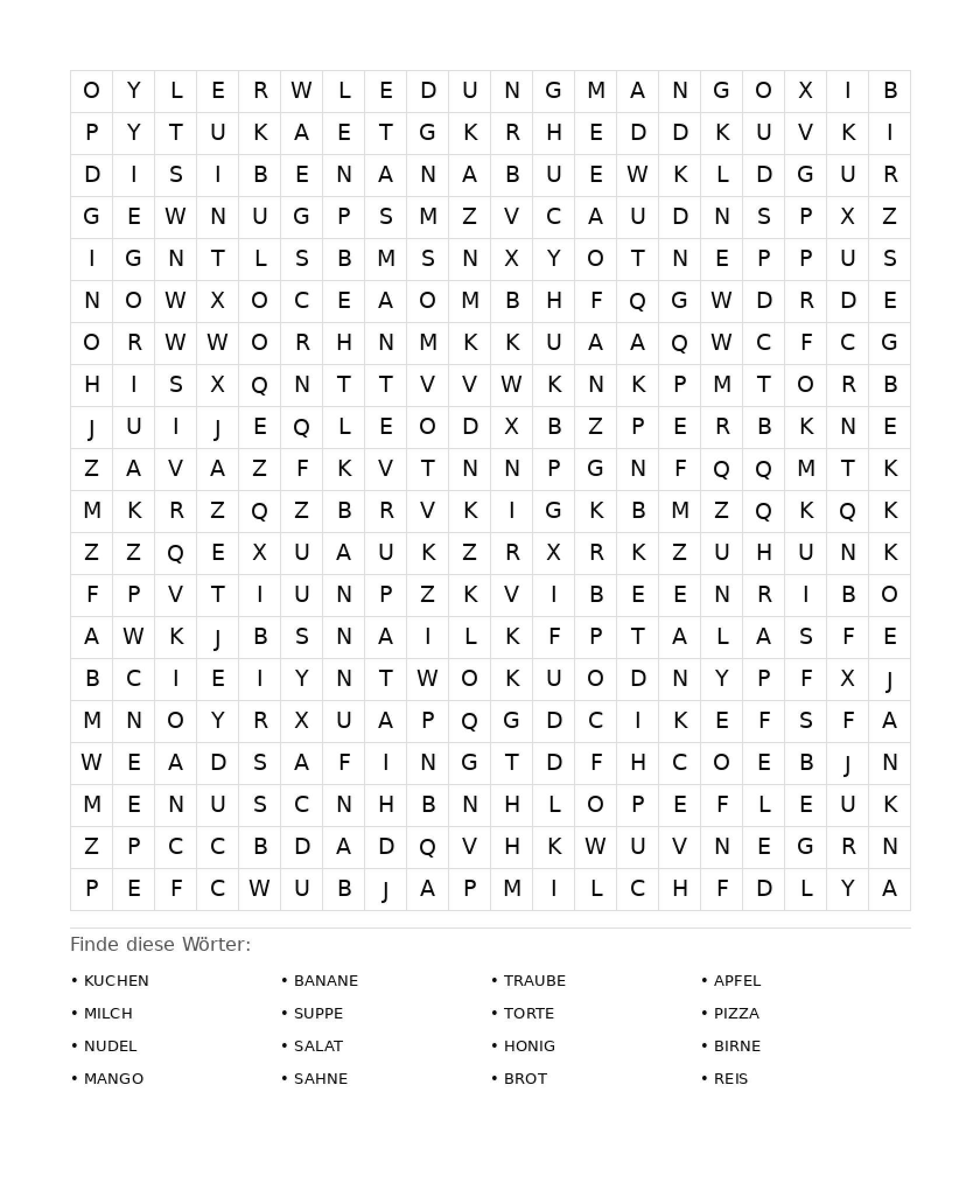 Wortsuchrätsel Wortsuchrätsel: Essen für Erwachsene aus der Kategorie Wortsuchrätsel - kostenlos ausdrucken