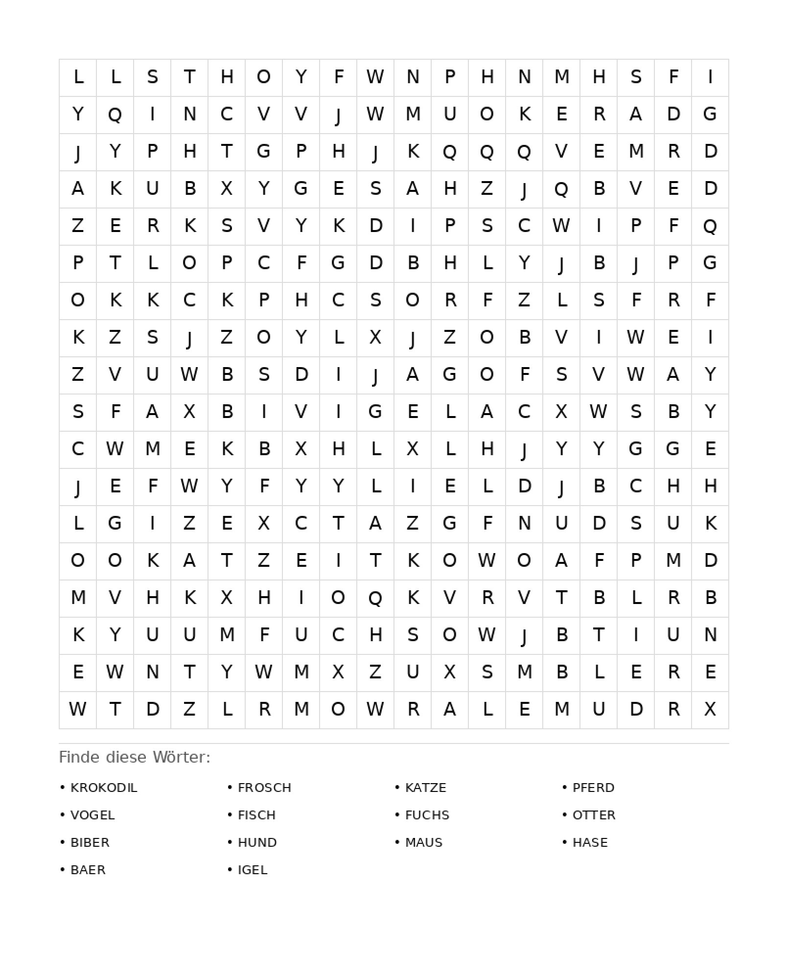 Wortsuchrätsel Wortsuchrätsel: Tiere für Erwachsene aus der Kategorie Wortsuchrätsel - kostenlos ausdrucken