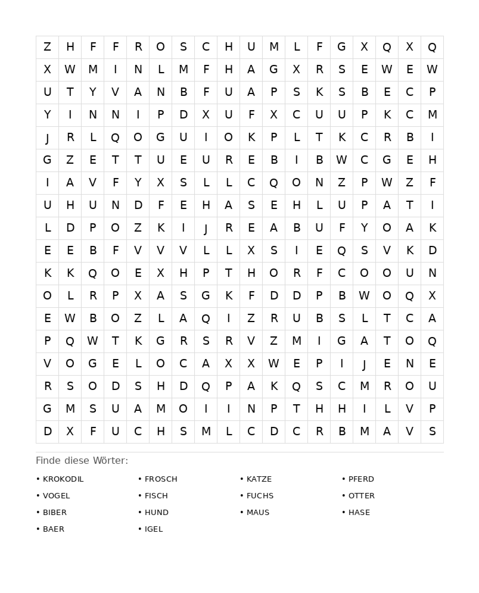 Wortsuchrätsel Wortsuchrätsel: Tiere für Erwachsene aus der Kategorie Wortsuchrätsel - kostenlos ausdrucken