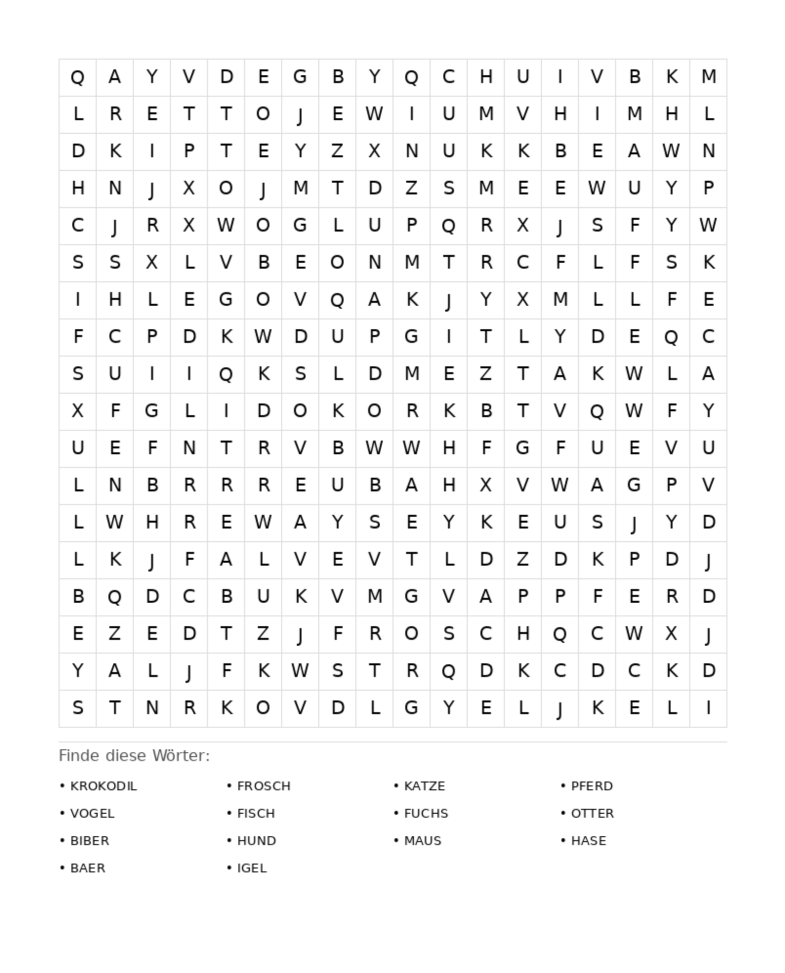 Wortsuchrätsel Wortsuchrätsel: Tiere für Erwachsene aus der Kategorie Wortsuchrätsel - kostenlos ausdrucken