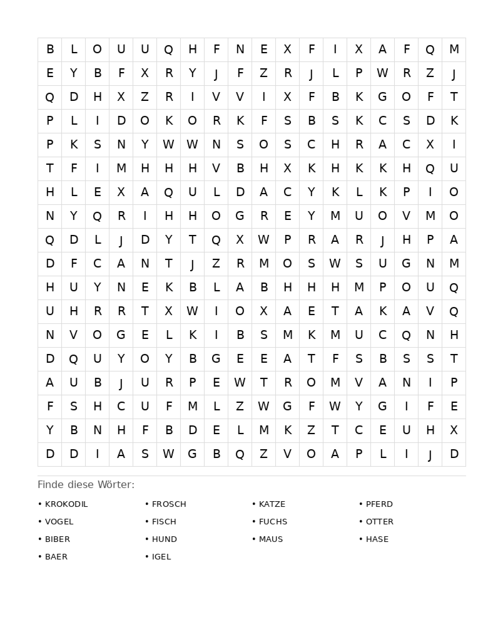 Wortsuchrätsel Wortsuchrätsel: Tiere für Erwachsene aus der Kategorie Wortsuchrätsel - kostenlos ausdrucken
