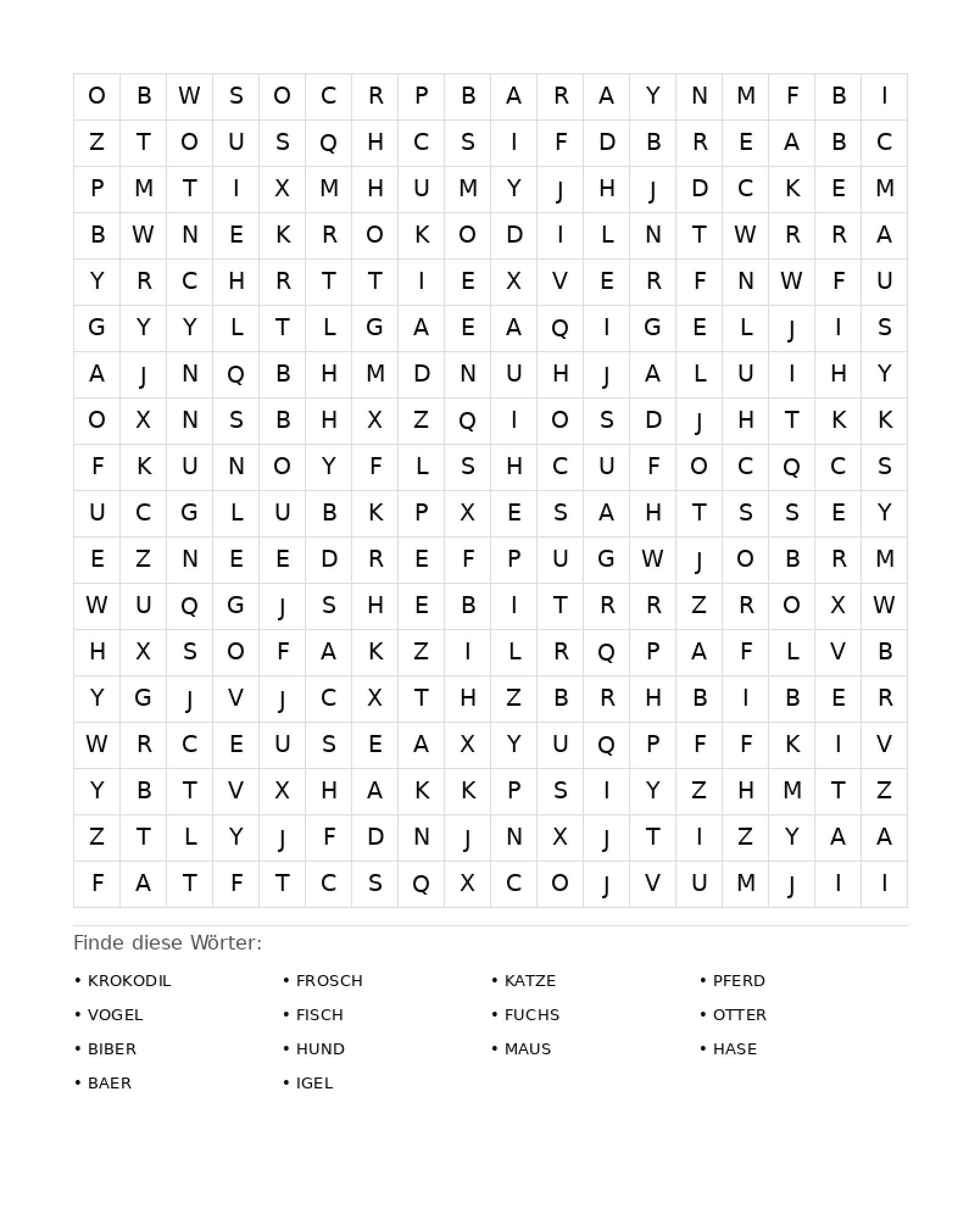 Wortsuchrätsel Wortsuchrätsel: Tiere für Erwachsene aus der Kategorie Wortsuchrätsel - kostenlos ausdrucken