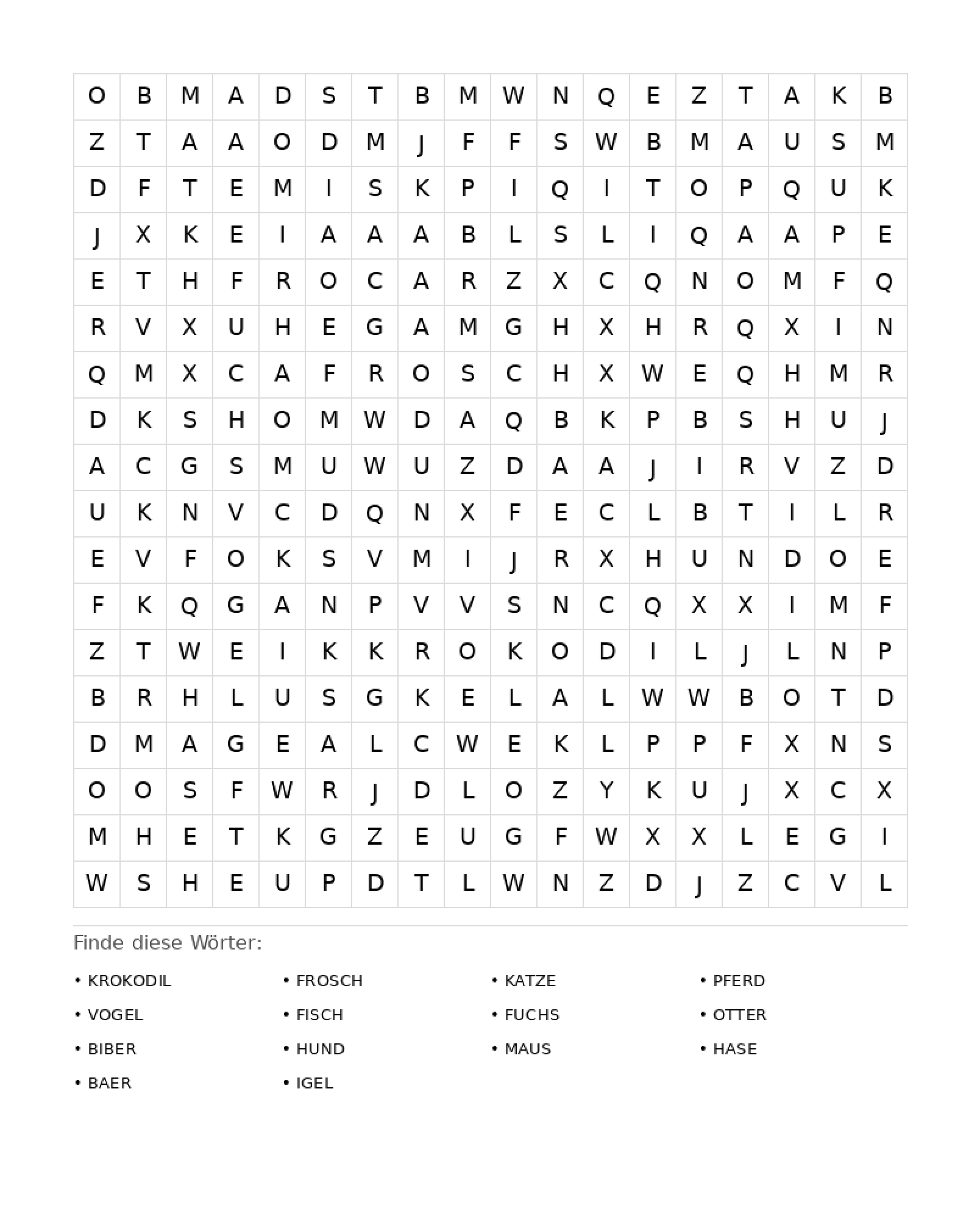 Wortsuchrätsel Wortsuchrätsel: Tiere für Erwachsene aus der Kategorie Wortsuchrätsel - kostenlos ausdrucken