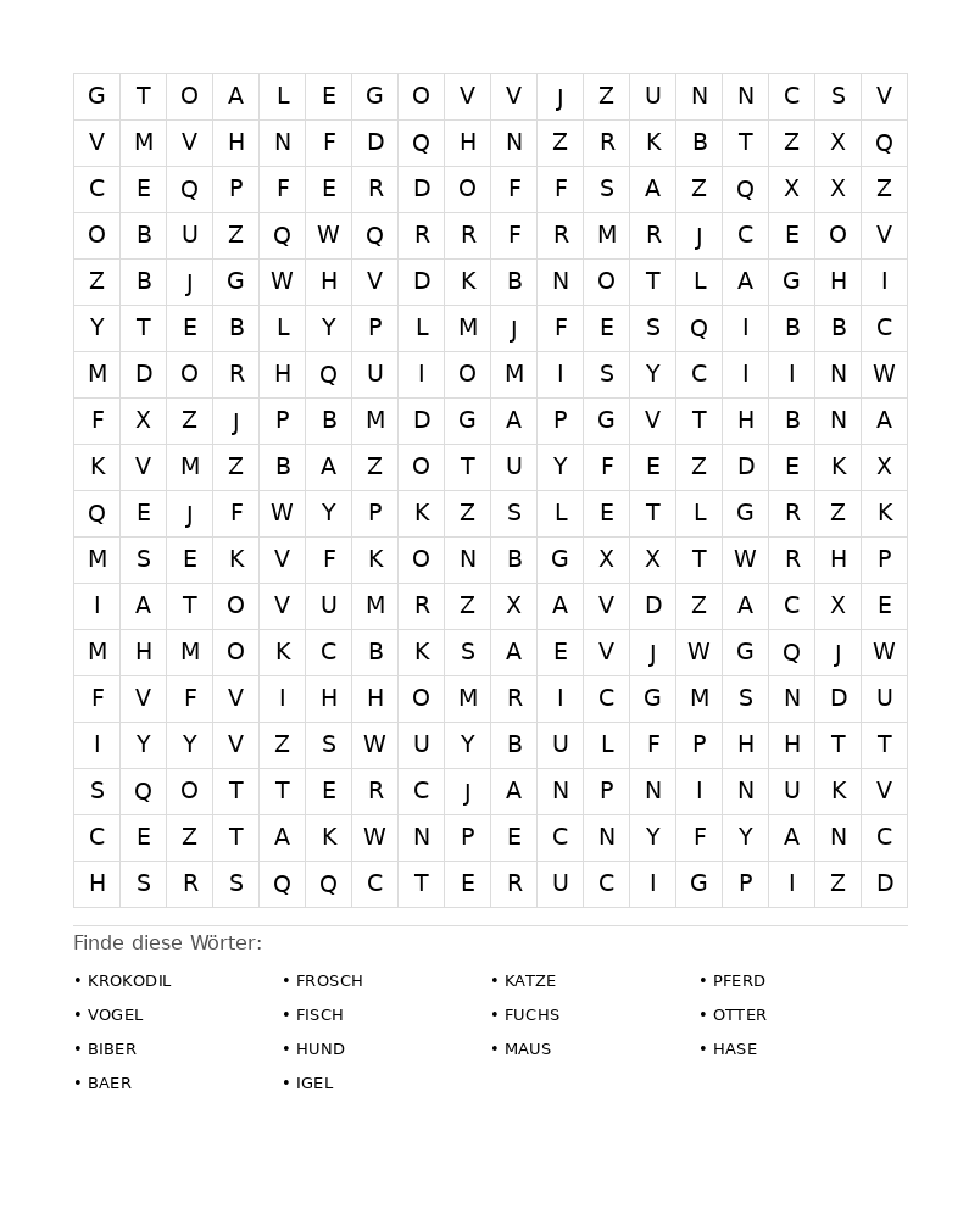 Wortsuchrätsel Wortsuchrätsel: Tiere für Erwachsene aus der Kategorie Wortsuchrätsel - kostenlos ausdrucken