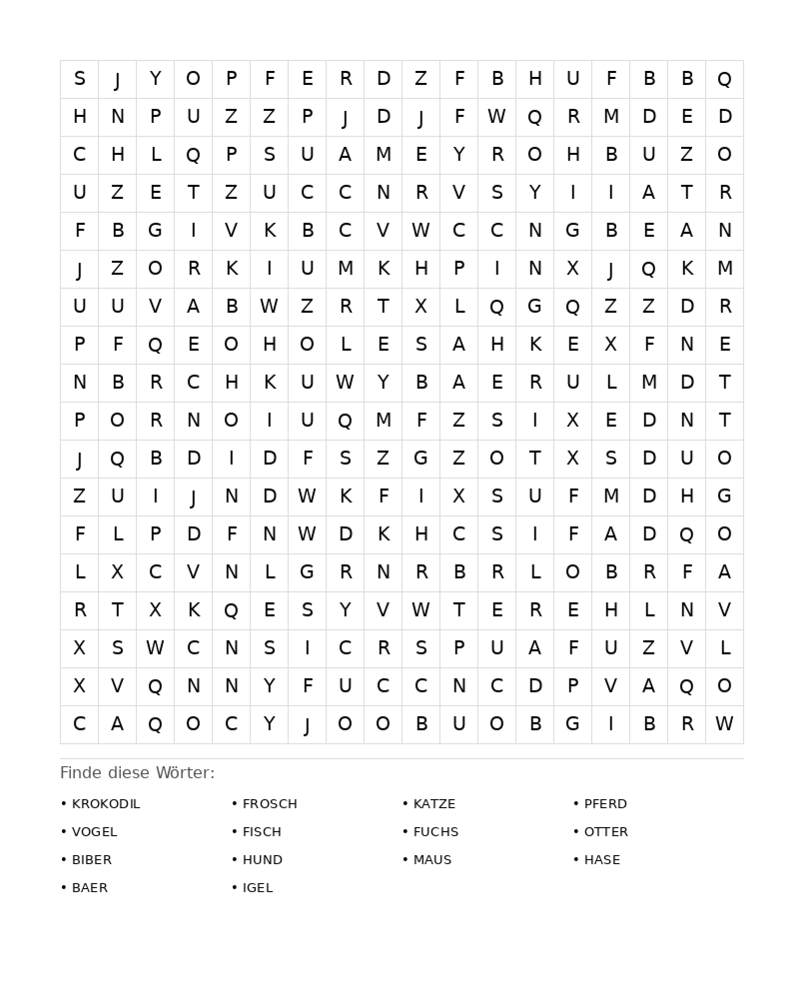 Wortsuchrätsel Wortsuchrätsel: Tiere für Erwachsene aus der Kategorie Wortsuchrätsel - kostenlos ausdrucken