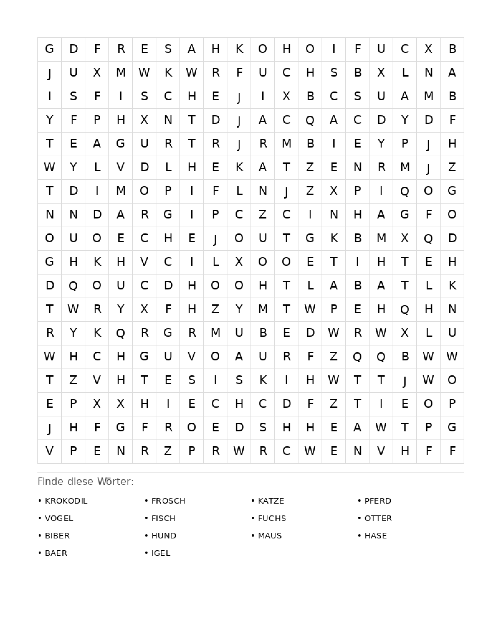 Wortsuchrätsel Wortsuchrätsel: Tiere für Erwachsene aus der Kategorie Wortsuchrätsel - kostenlos ausdrucken