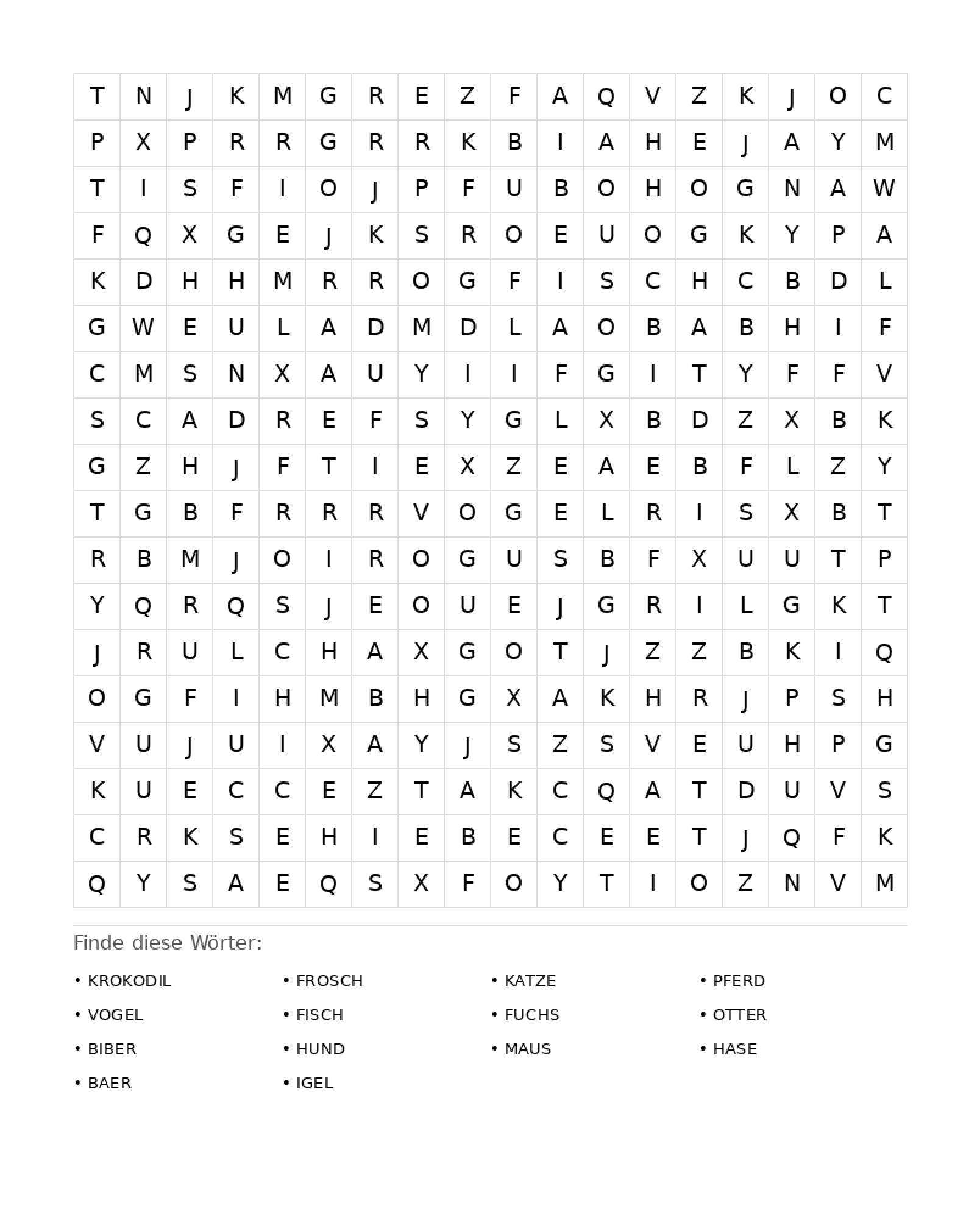 Wortsuchrätsel Wortsuchrätsel: Tiere für Erwachsene aus der Kategorie Wortsuchrätsel - kostenlos ausdrucken
