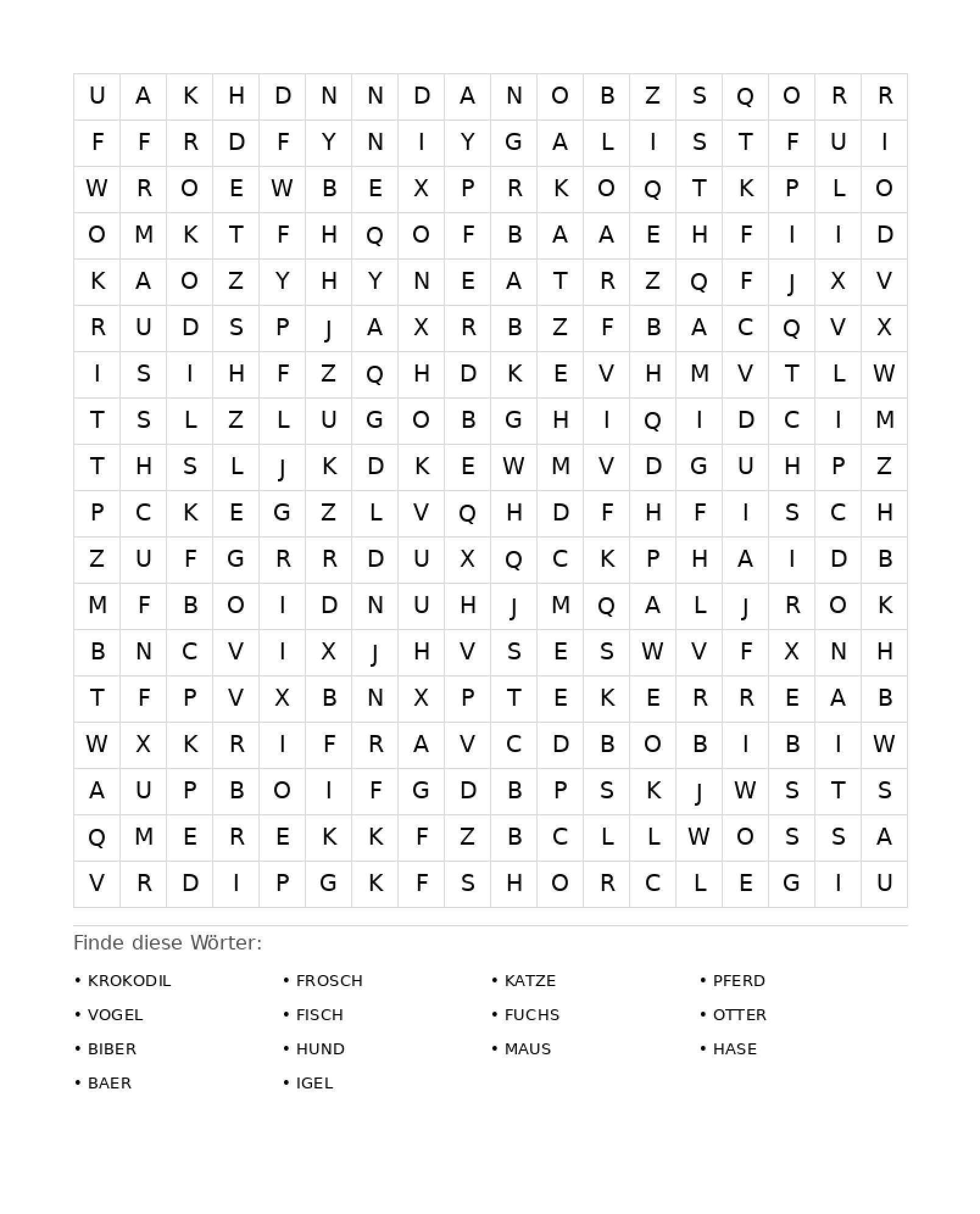 Wortsuchrätsel Wortsuchrätsel: Tiere für Erwachsene aus der Kategorie Wortsuchrätsel - kostenlos ausdrucken