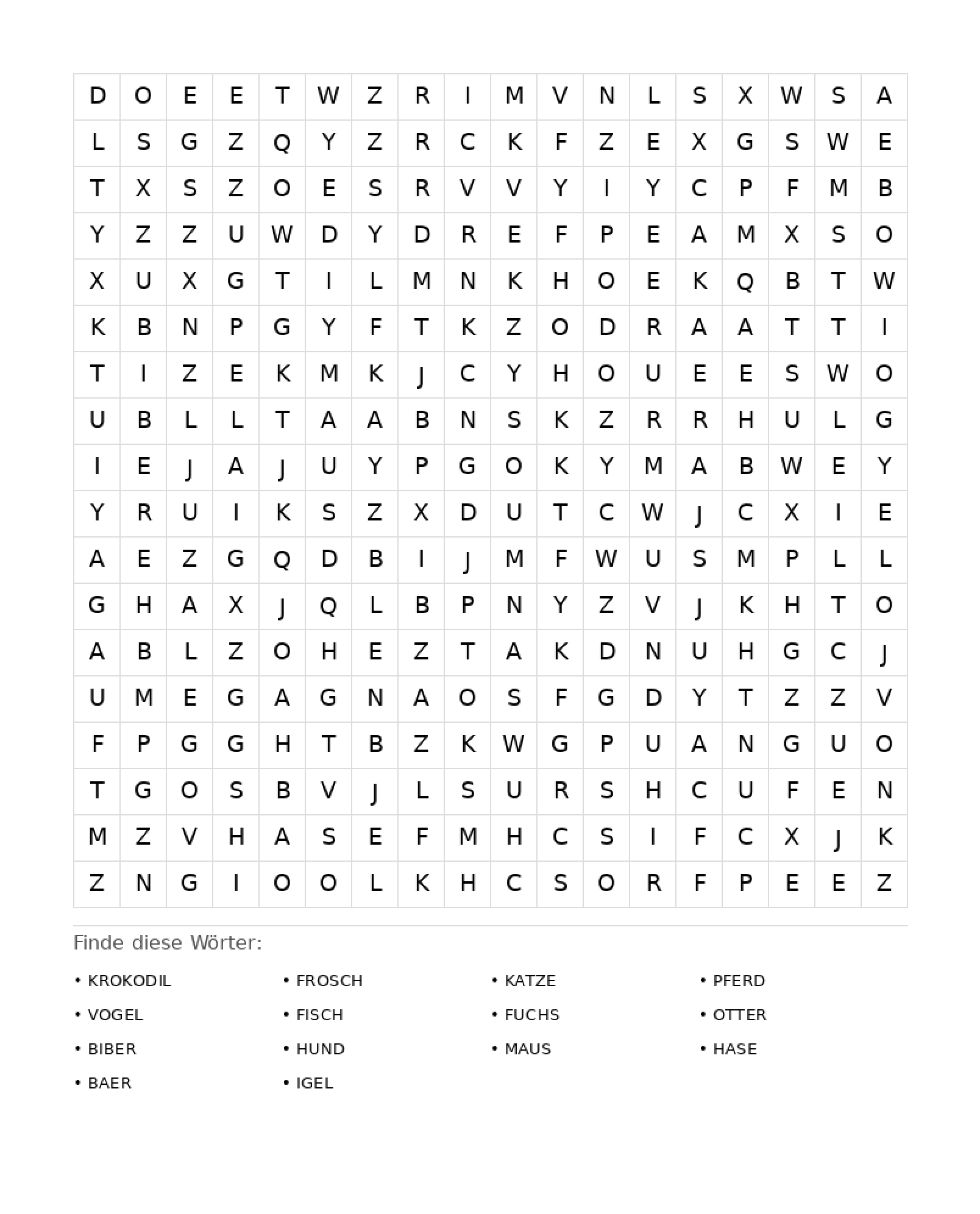 Wortsuchrätsel Wortsuchrätsel: Tiere für Erwachsene aus der Kategorie Wortsuchrätsel - kostenlos ausdrucken