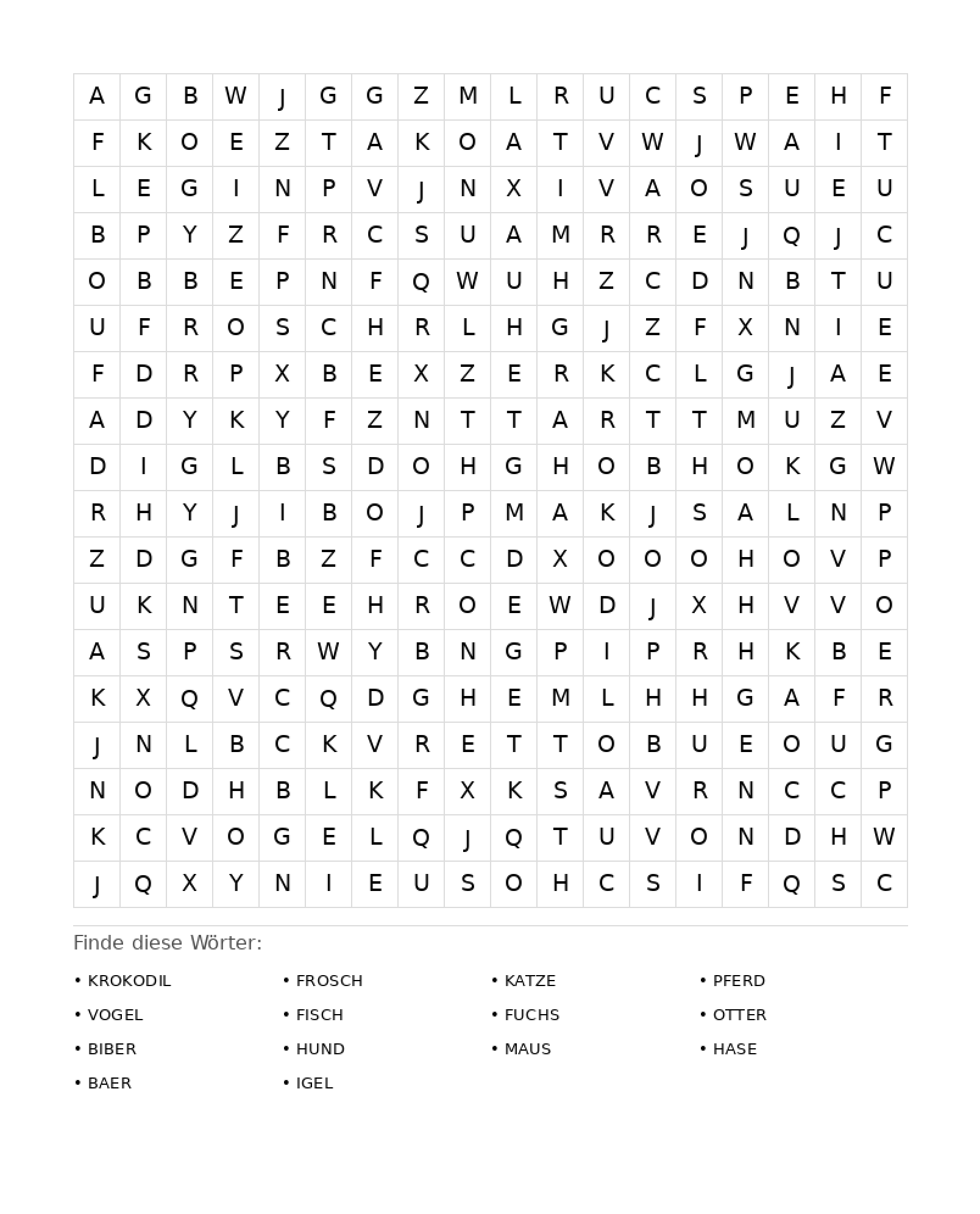 Wortsuchrätsel Wortsuchrätsel: Tiere für Erwachsene aus der Kategorie Wortsuchrätsel - kostenlos ausdrucken