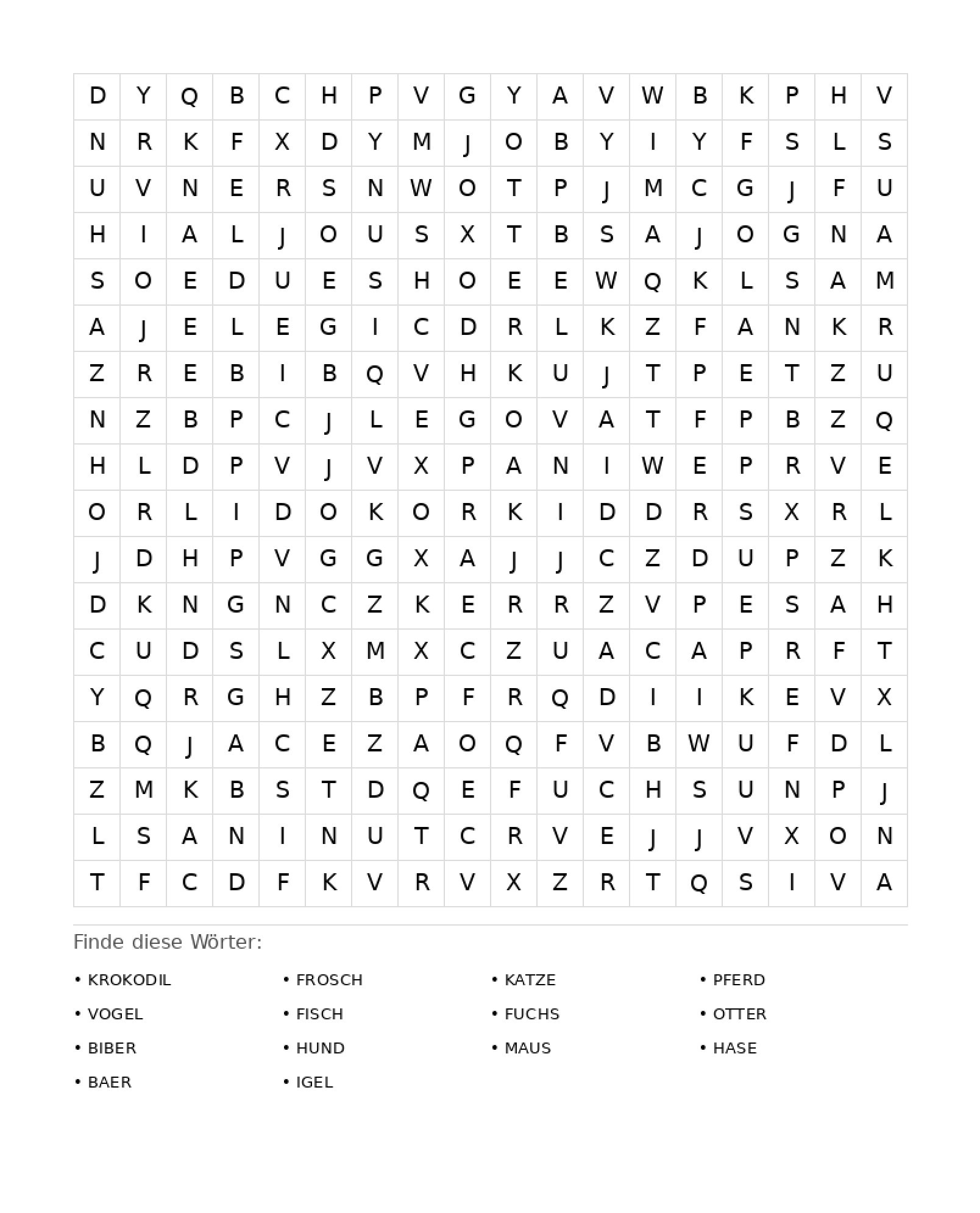 Wortsuchrätsel Wortsuchrätsel: Tiere für Erwachsene aus der Kategorie Wortsuchrätsel - kostenlos ausdrucken