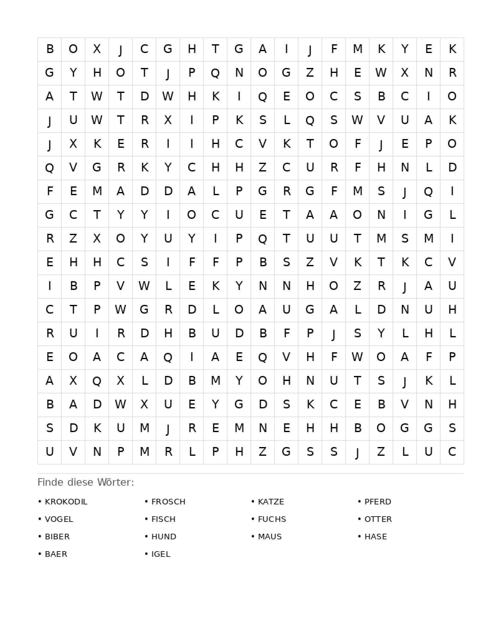 Wortsuchrätsel Wortsuchrätsel: Tiere für Erwachsene aus der Kategorie Wortsuchrätsel - kostenlos ausdrucken