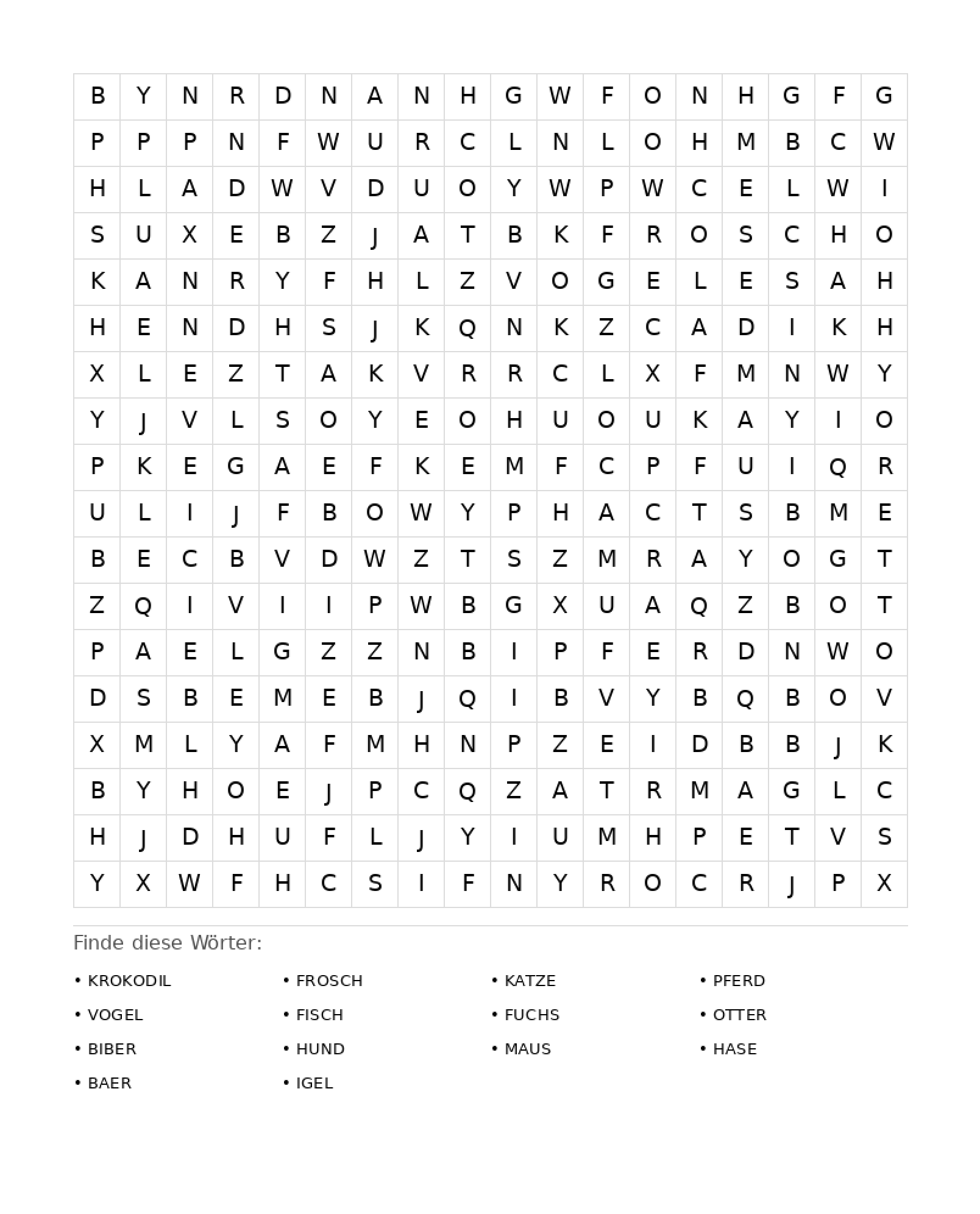 Wortsuchrätsel Wortsuchrätsel: Tiere für Erwachsene aus der Kategorie Wortsuchrätsel - kostenlos ausdrucken