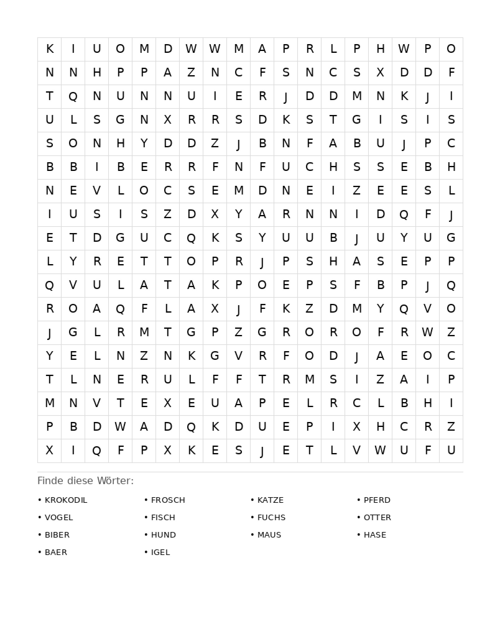 Wortsuchrätsel Wortsuchrätsel: Tiere für Erwachsene aus der Kategorie Wortsuchrätsel - kostenlos ausdrucken