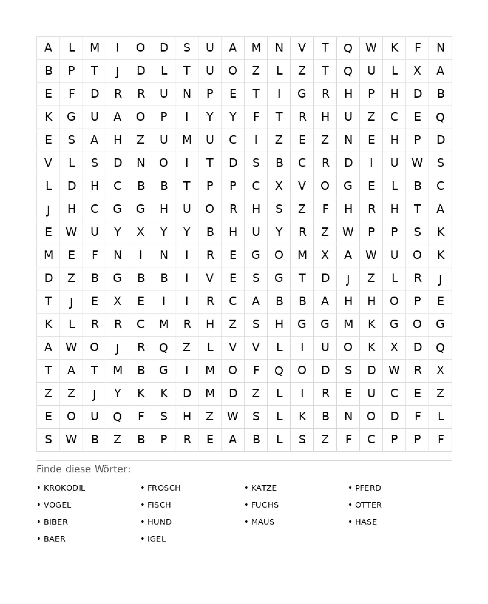 Wortsuchrätsel Wortsuchrätsel: Tiere für Erwachsene aus der Kategorie Wortsuchrätsel - kostenlos ausdrucken