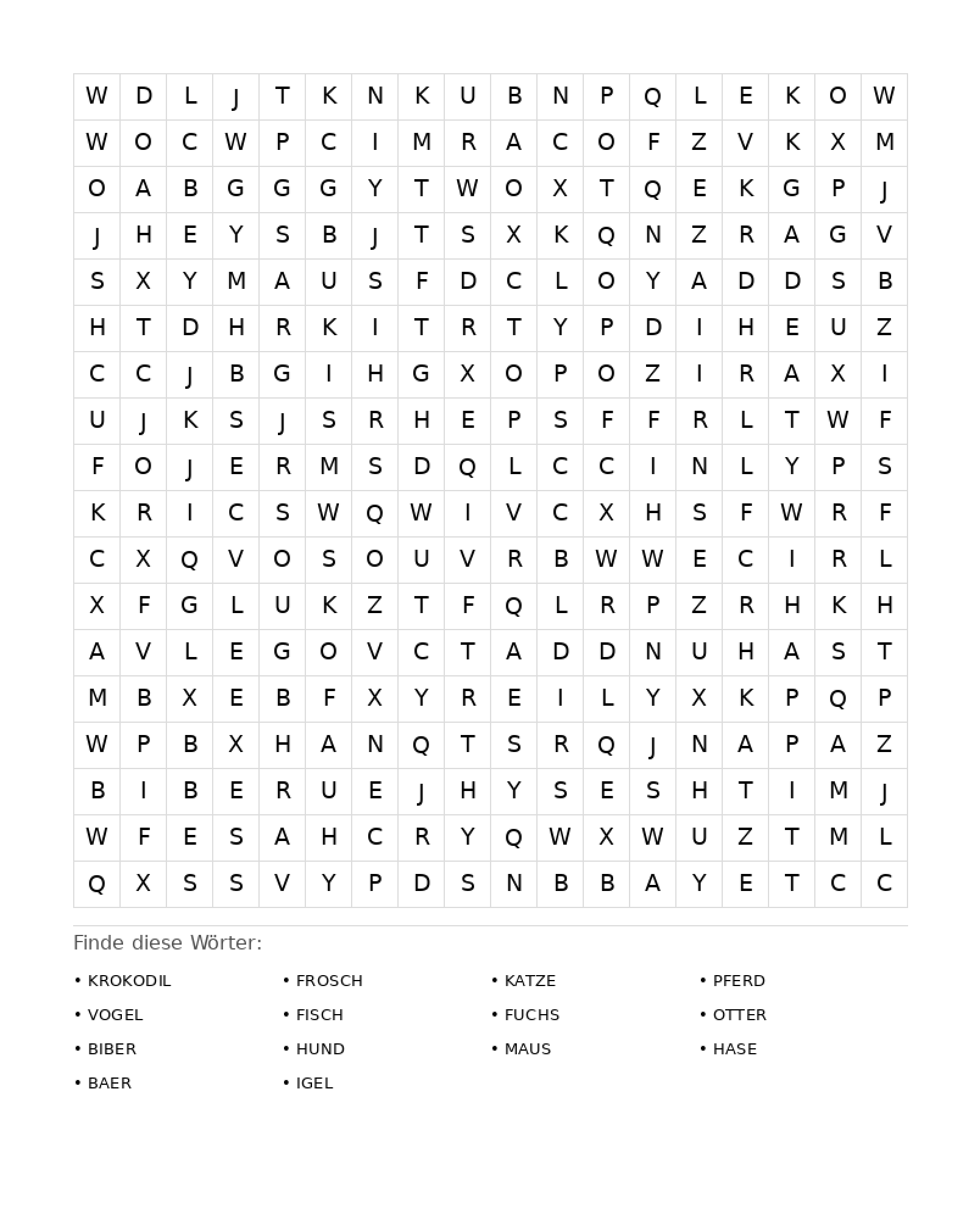 Wortsuchrätsel Wortsuchrätsel: Tiere für Erwachsene aus der Kategorie Wortsuchrätsel - kostenlos ausdrucken