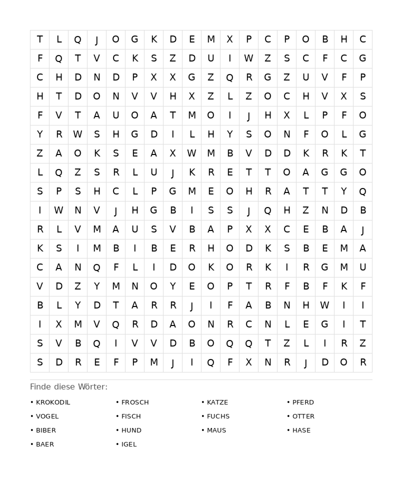Wortsuchrätsel Wortsuchrätsel: Tiere für Erwachsene aus der Kategorie Wortsuchrätsel - kostenlos ausdrucken