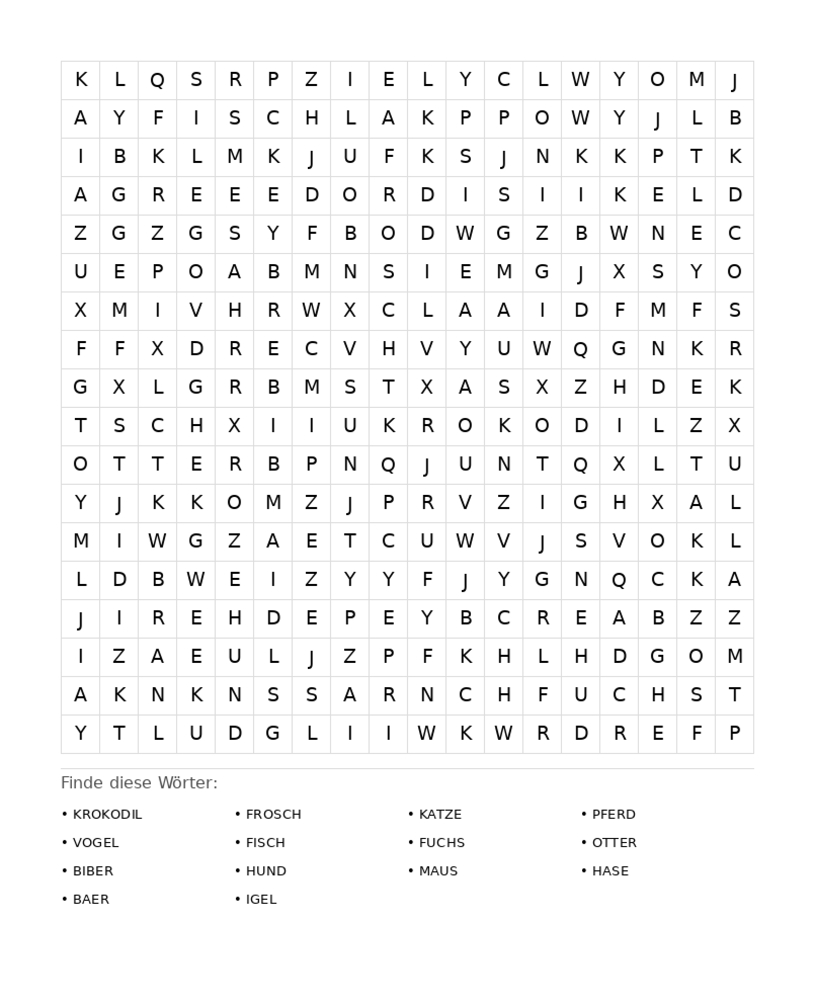 Wortsuchrätsel Wortsuchrätsel: Tiere für Erwachsene aus der Kategorie Wortsuchrätsel - kostenlos ausdrucken