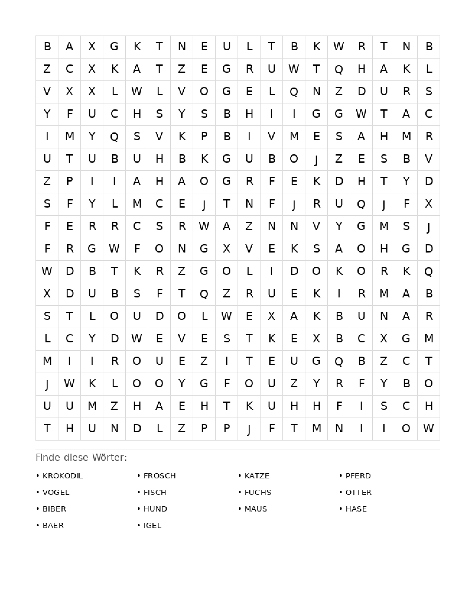Wortsuchrätsel Wortsuchrätsel: Tiere für Erwachsene aus der Kategorie Wortsuchrätsel - kostenlos ausdrucken
