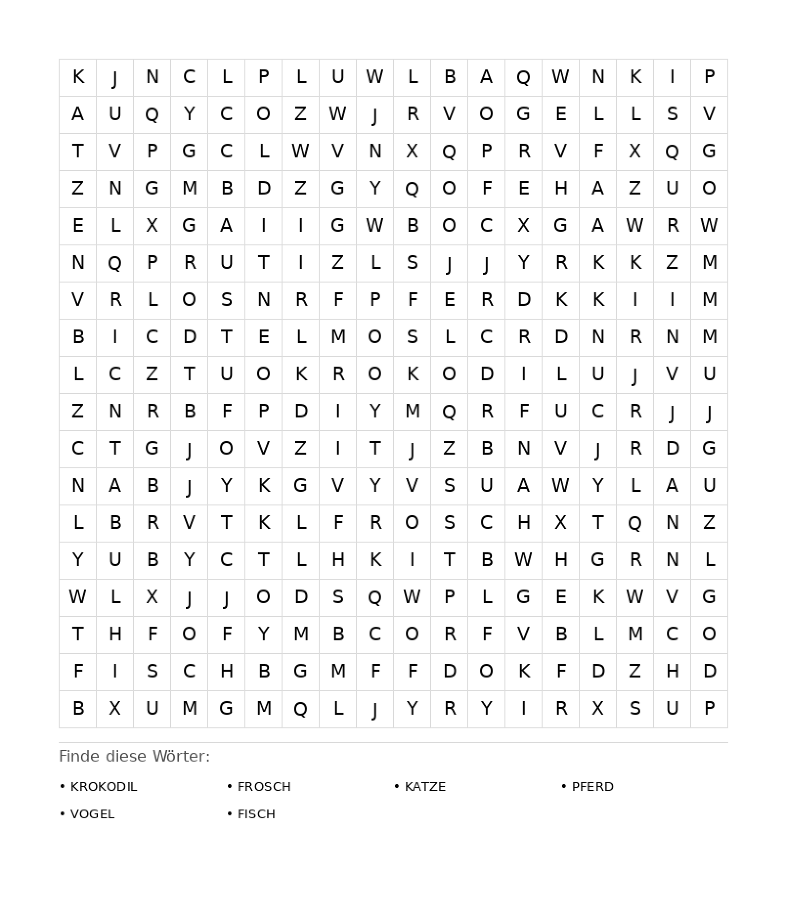 Wortsuchrätsel Wortsuchrätsel: Tiere für Erwachsene aus der Kategorie Wortsuchrätsel - kostenlos ausdrucken