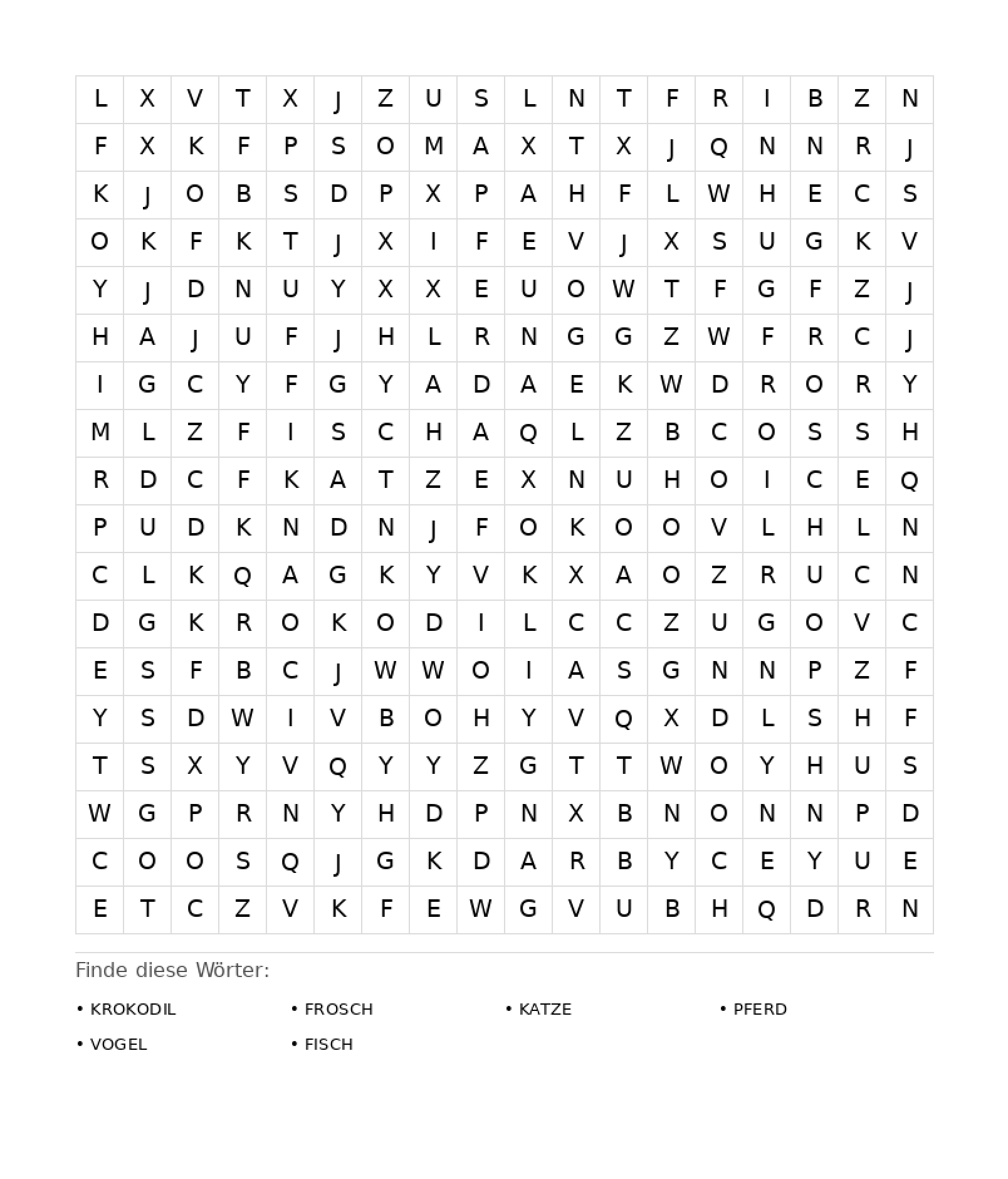 Wortsuchrätsel Wortsuchrätsel: Tiere für Erwachsene aus der Kategorie Wortsuchrätsel - kostenlos ausdrucken