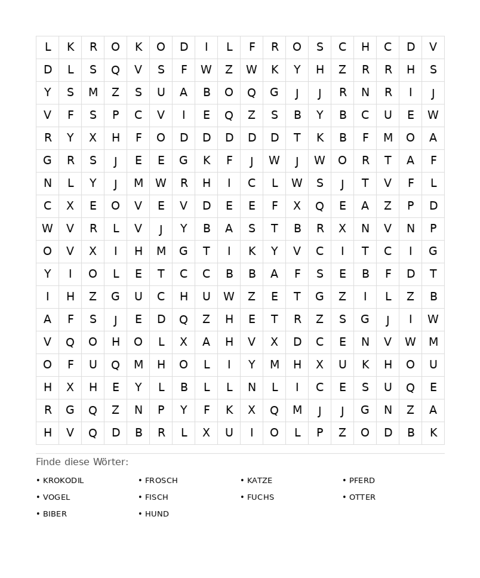 Wortsuchrätsel Wortsuchrätsel: Tiere für Erwachsene aus der Kategorie Wortsuchrätsel - kostenlos ausdrucken