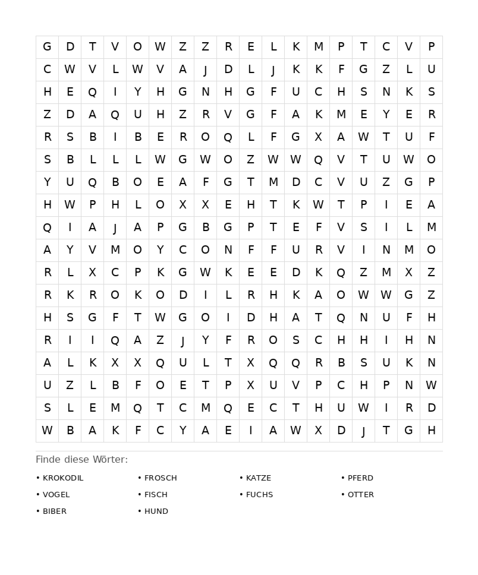 Wortsuchrätsel Wortsuchrätsel: Tiere für Erwachsene aus der Kategorie Wortsuchrätsel - kostenlos ausdrucken