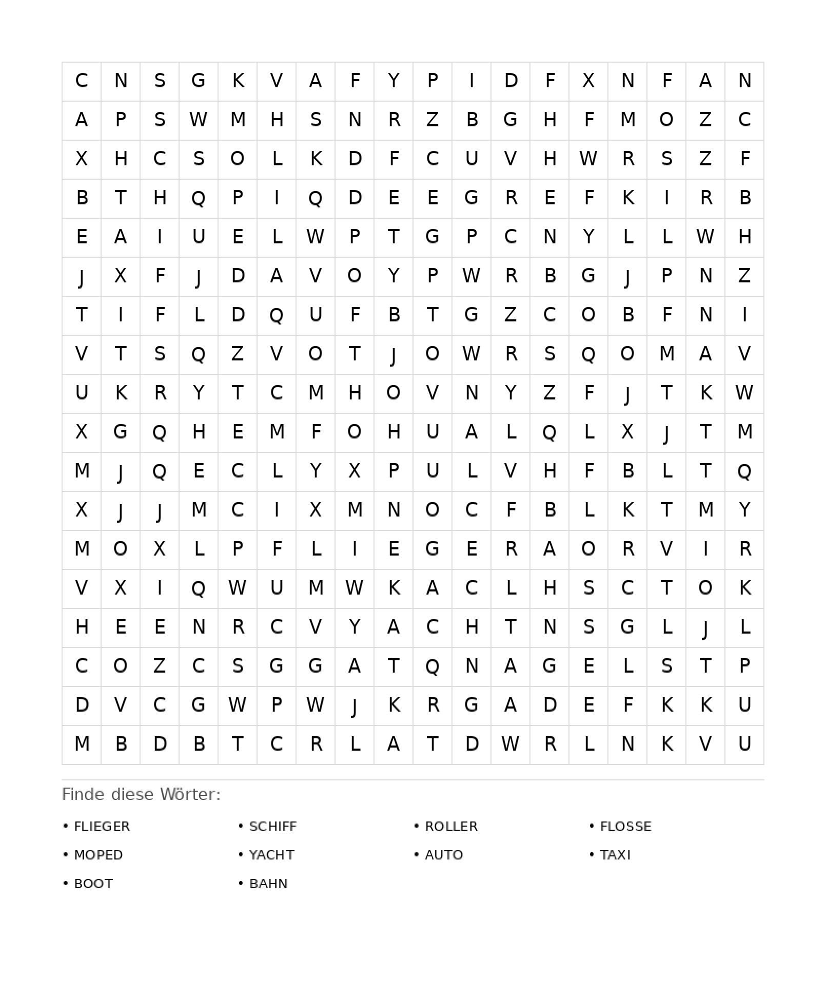 Wortsuchrätsel Wortsuchrätsel: Fahrzeuge für Erwachsene aus der Kategorie Wortsuchrätsel - kostenlos ausdrucken