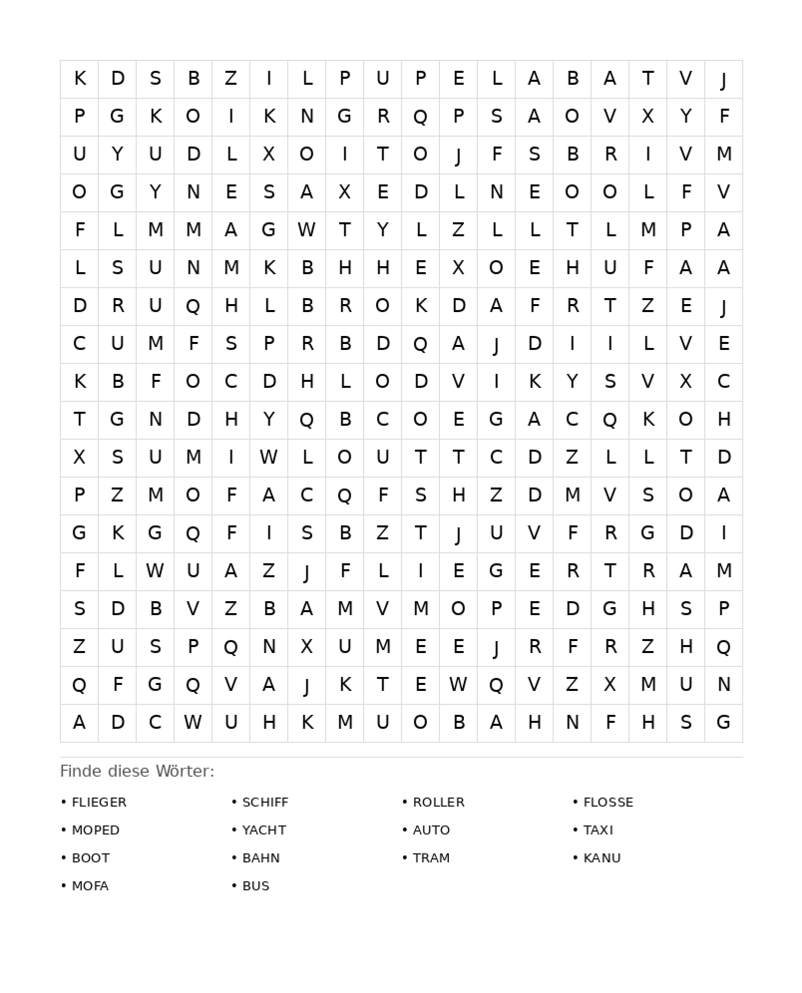 Wortsuchrätsel Wortsuchrätsel: Fahrzeuge für Erwachsene aus der Kategorie Wortsuchrätsel - kostenlos ausdrucken