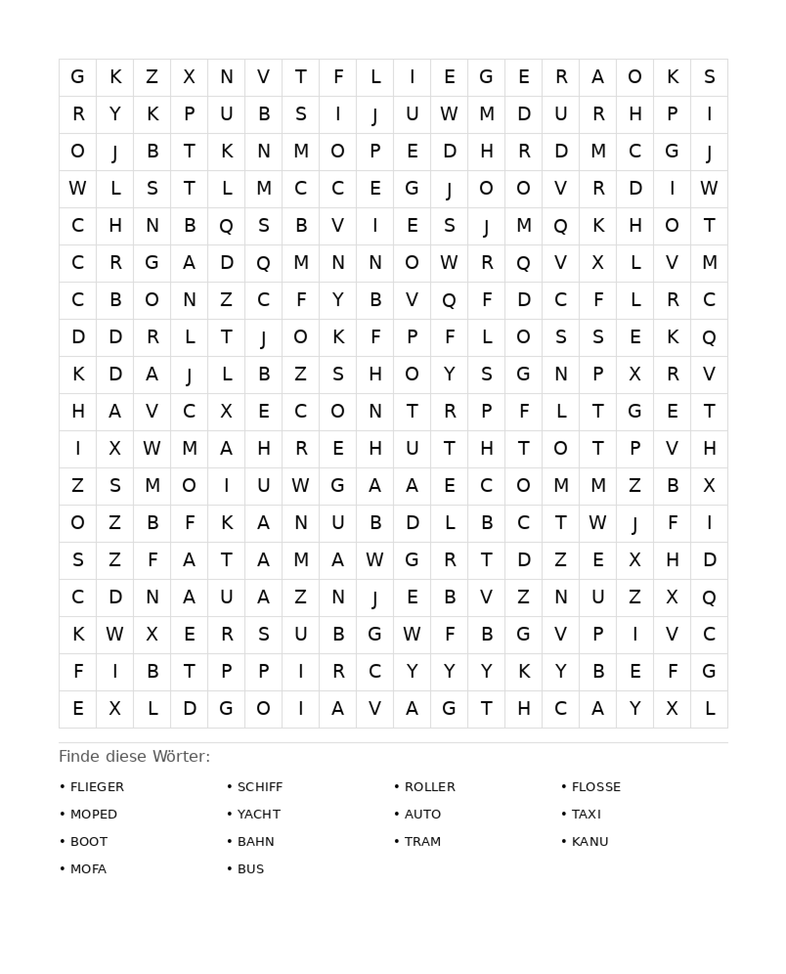 Wortsuchrätsel Wortsuchrätsel: Fahrzeuge für Erwachsene aus der Kategorie Wortsuchrätsel - kostenlos ausdrucken
