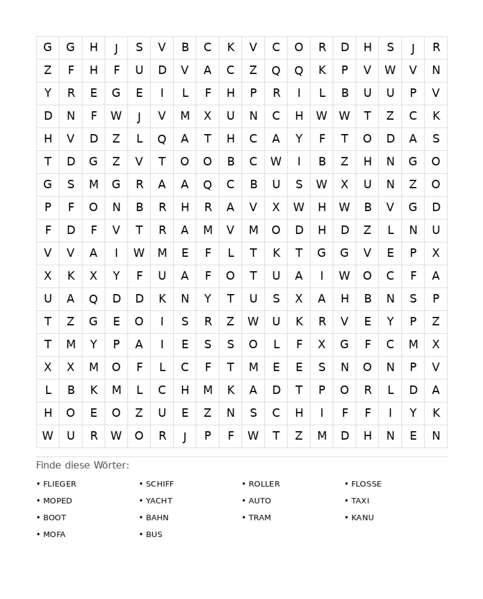 Wortsuchrätsel Wortsuchrätsel: Fahrzeuge für Erwachsene aus der Kategorie Wortsuchrätsel - kostenlos ausdrucken