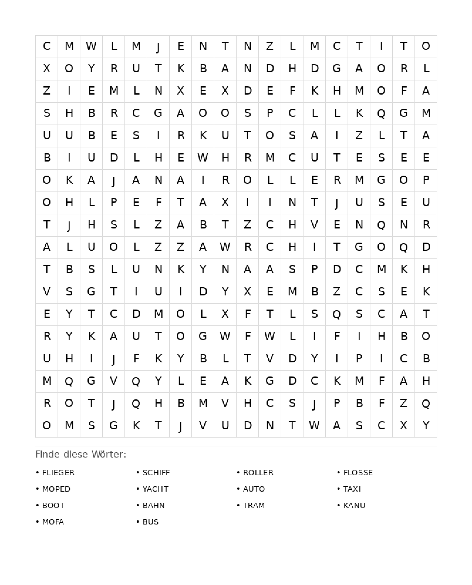 Wortsuchrätsel Wortsuchrätsel: Fahrzeuge für Erwachsene aus der Kategorie Wortsuchrätsel - kostenlos ausdrucken