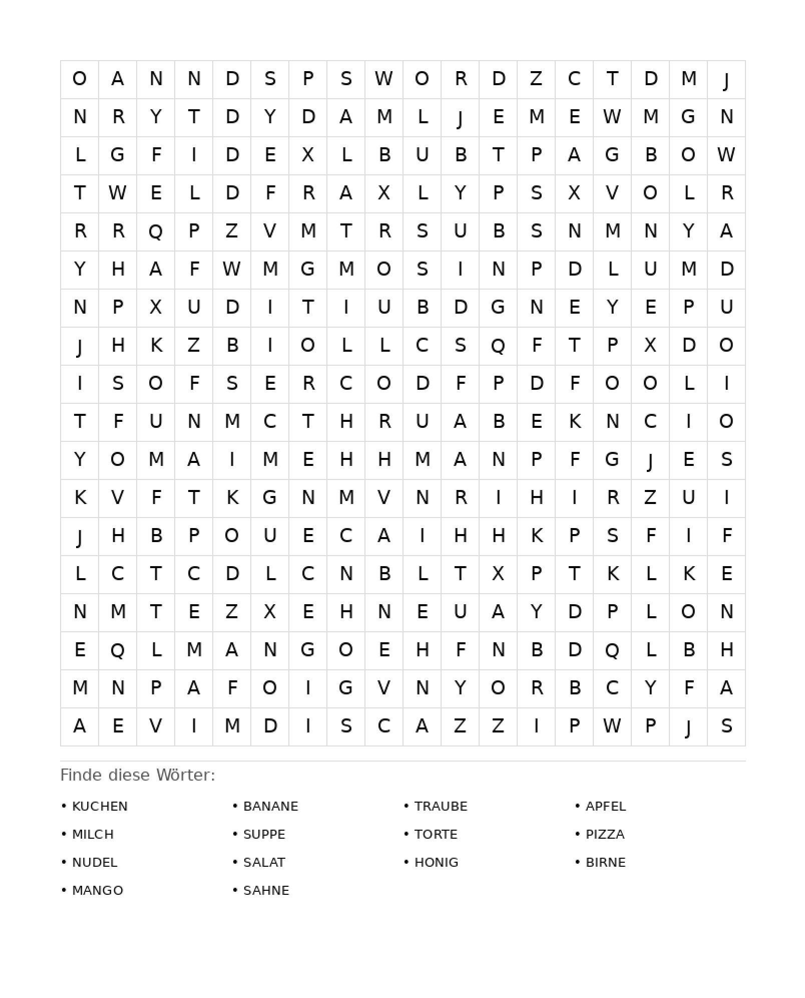 Wortsuchrätsel Wortsuchrätsel: Essen für Erwachsene aus der Kategorie Wortsuchrätsel - kostenlos ausdrucken