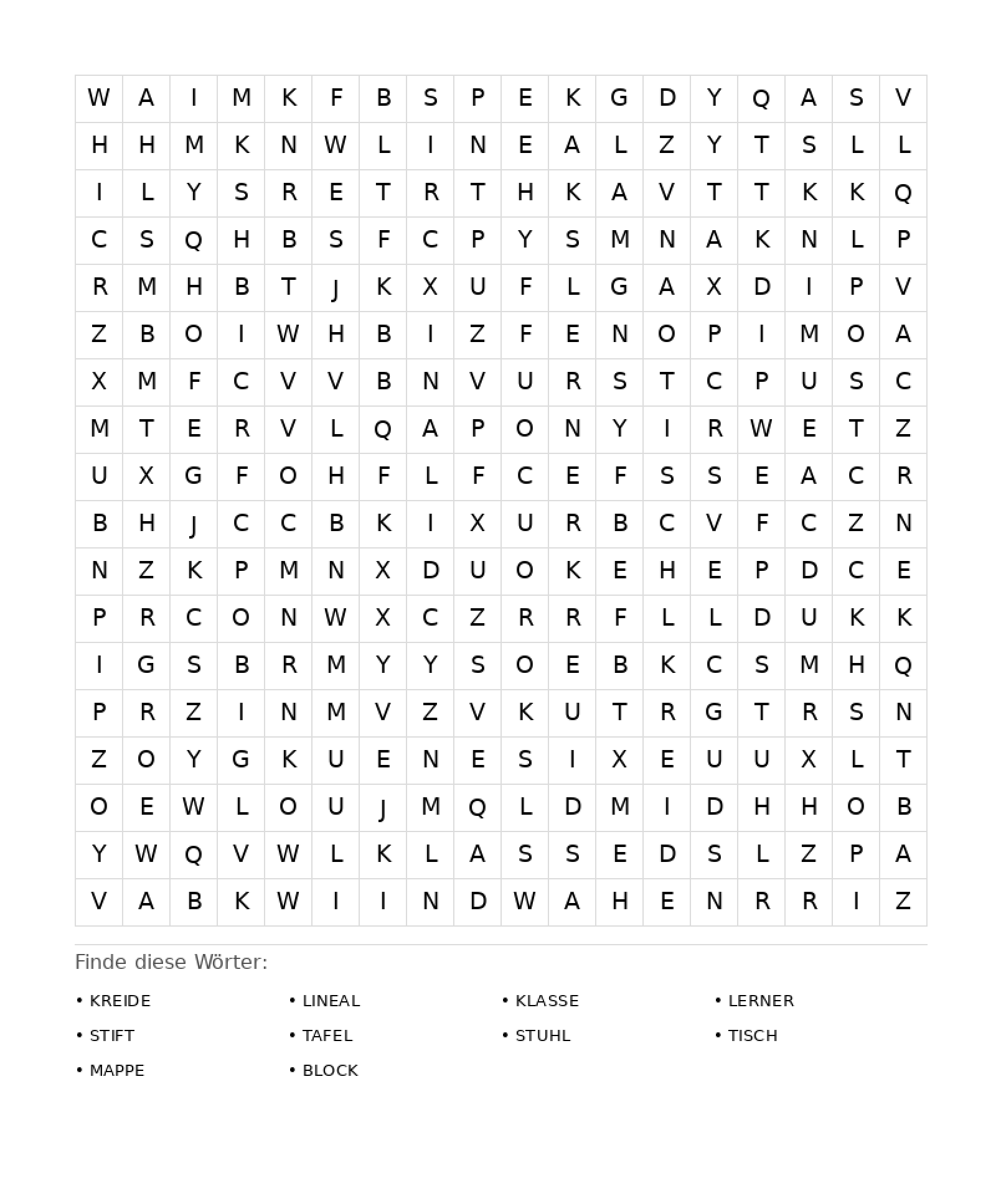Wortsuchrätsel Wortsuchrätsel: Schule für Erwachsene aus der Kategorie Wortsuchrätsel - kostenlos ausdrucken