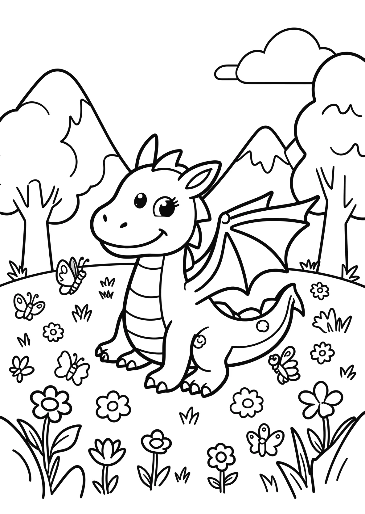 Ausmalbild Freundlicher Drache spielt auf einer Blumenwiese - Ausmalbild aus der Kategorie Tiere - kostenlos ausdrucken