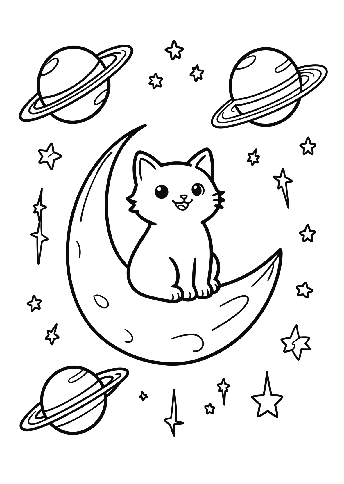 Ausmalbild Katze sitzt auf dem Mond und schaut die Sterne an - Ausmalbild aus der Kategorie Tiere - kostenlos ausdrucken