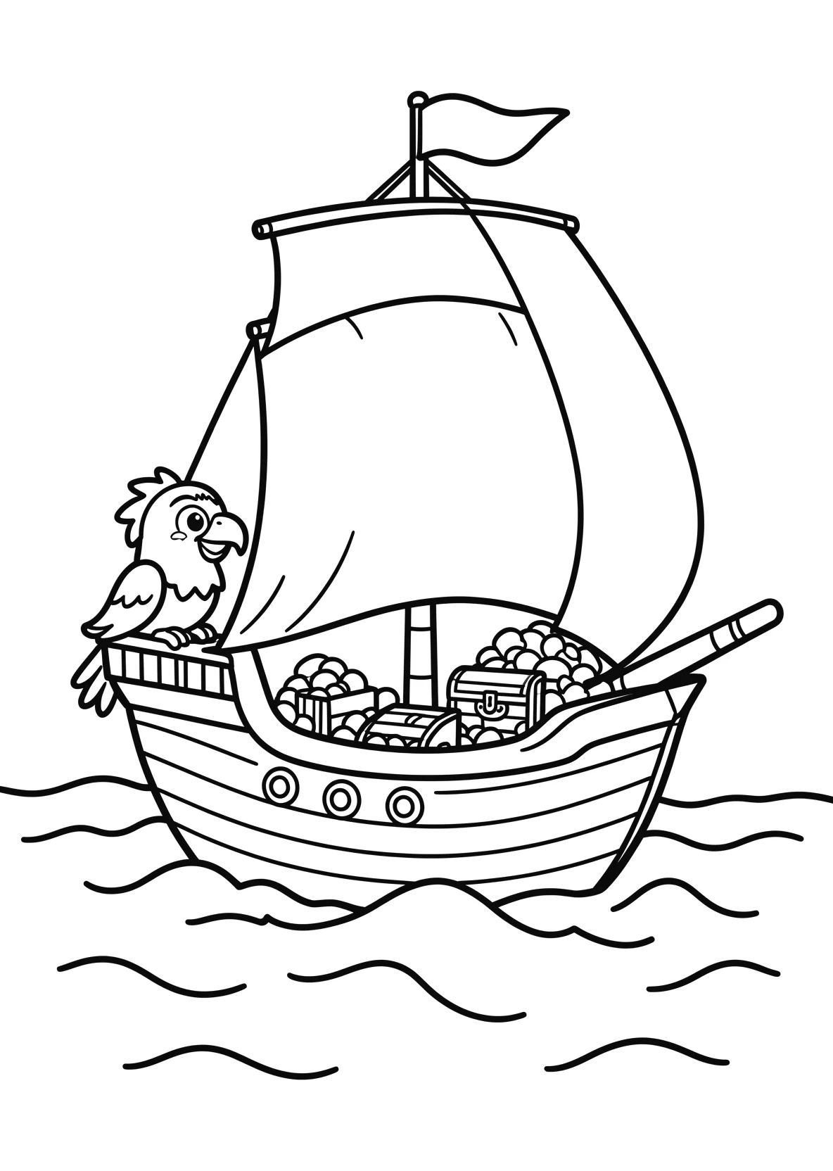 Ausmalbild Piratenschiff auf hoher See mit Papagei - Ausmalbild aus der Kategorie Maerchen - kostenlos ausdrucken