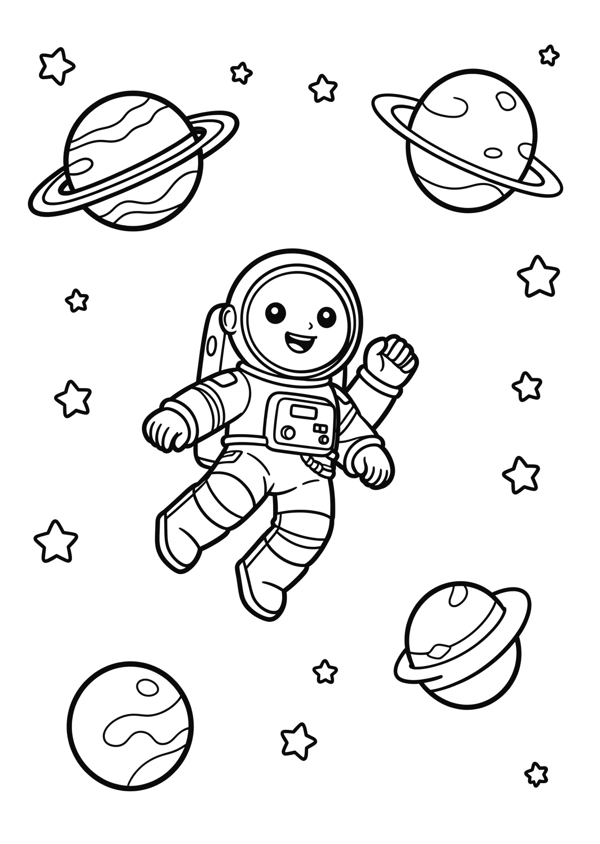 Ausmalbild Astronaut schwebt im Weltraum zwischen Planeten - Ausmalbild aus der Kategorie Fahrzeuge - kostenlos ausdrucken