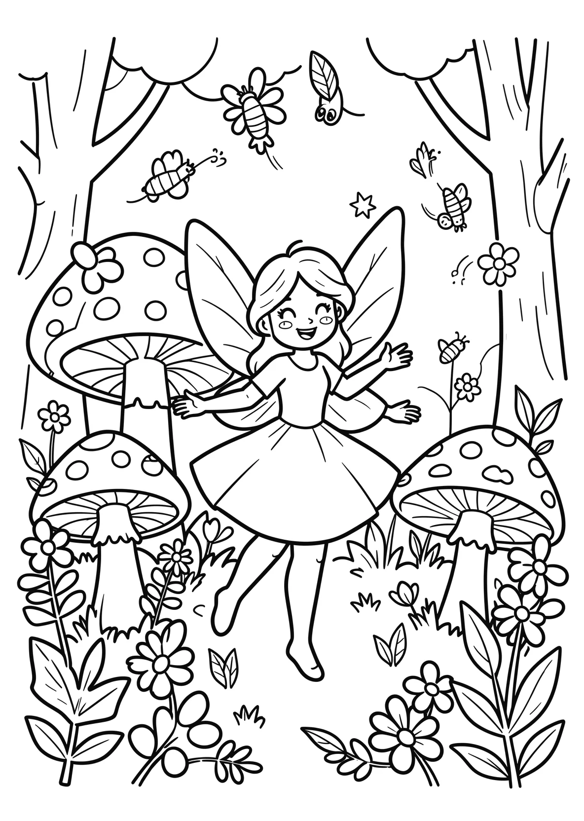 Ausmalbild Fee tanzt zwischen großen Pilzen im Wald mit - Ausmalbild aus der Kategorie Maerchen - kostenlos ausdrucken