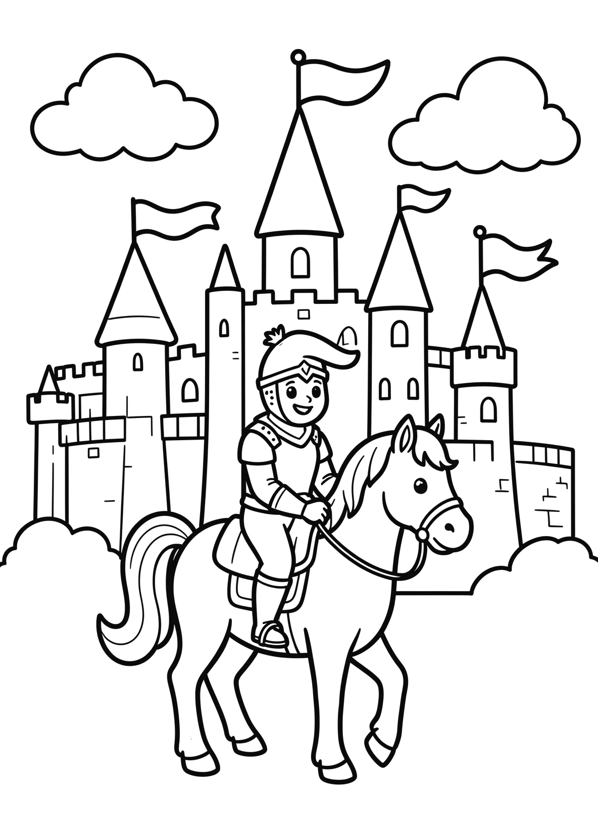 Ausmalbild Ritter auf einem Pferd vor einer großen Burg mit - Ausmalbild aus der Kategorie Maerchen - kostenlos ausdrucken