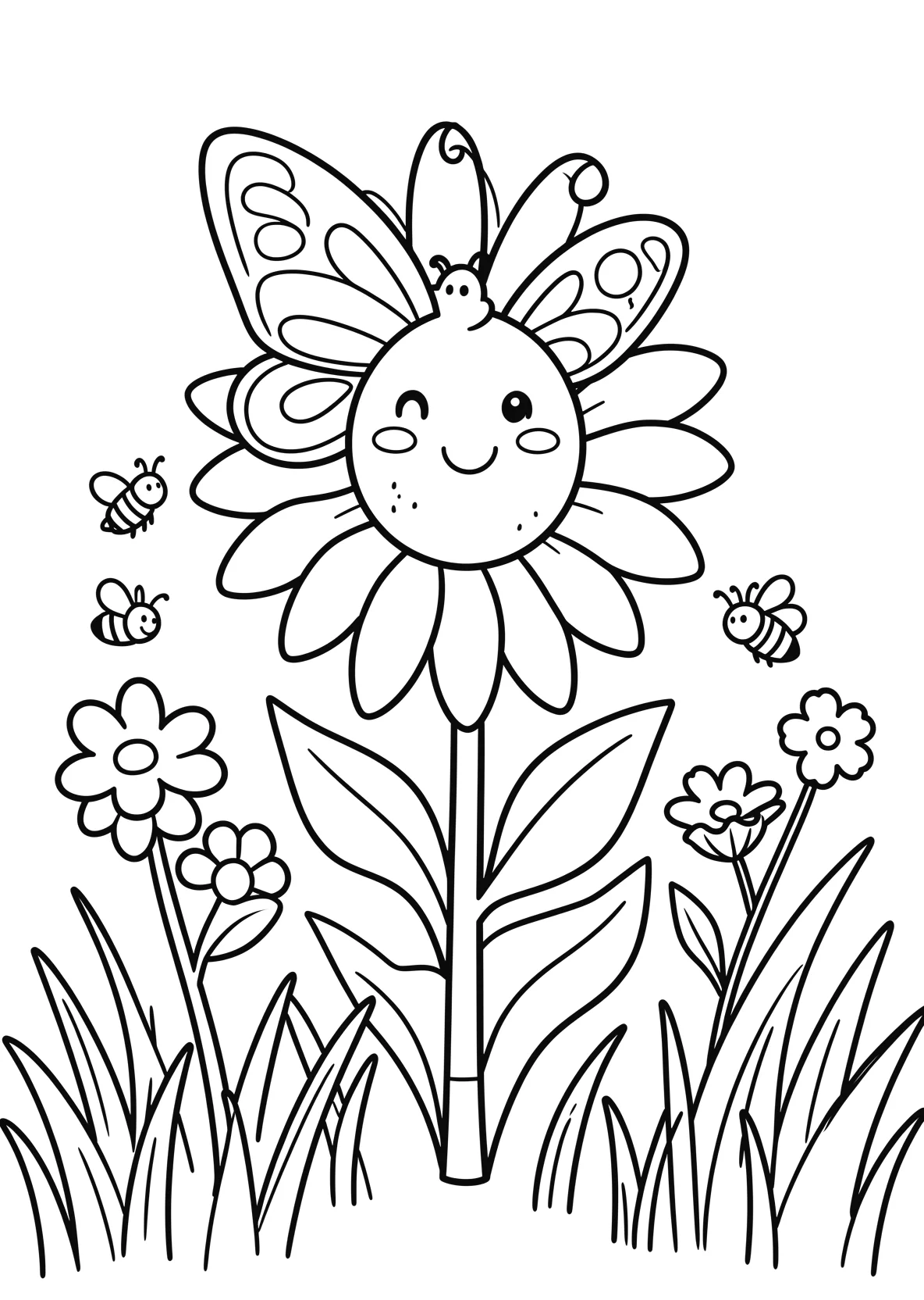 Ausmalbild Schmetterling sitzt auf einer großen Sonnenblume - Ausmalbild aus der Kategorie Natur - kostenlos ausdrucken