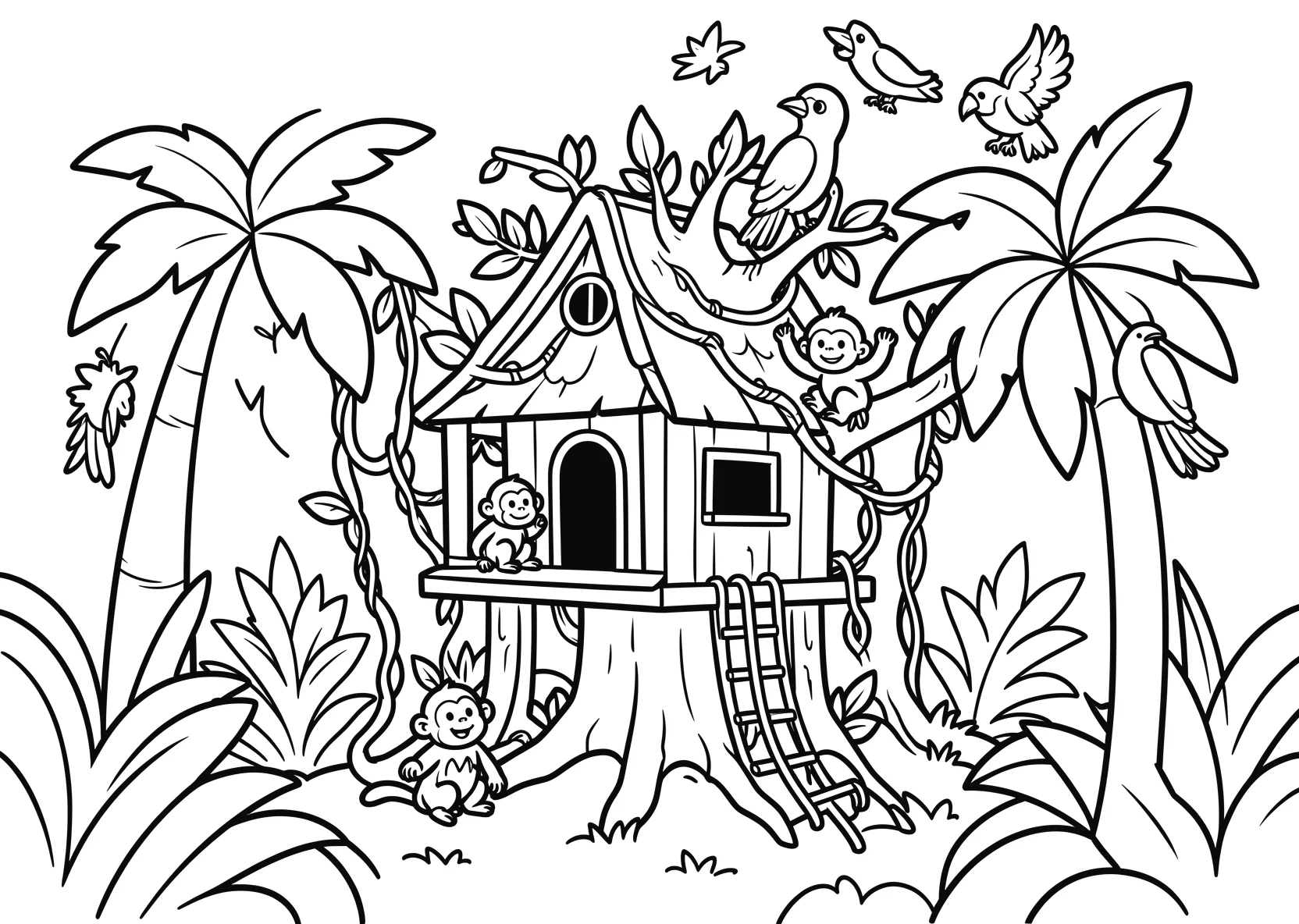 Ausmalbild Baumhaus im Dschungel mit Affen - Ausmalbild aus der Kategorie Tiere - kostenlos ausdrucken