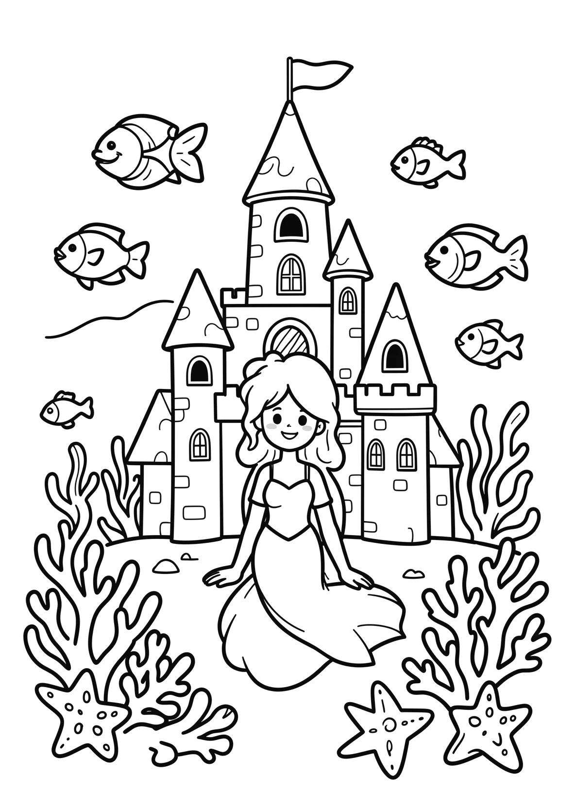 Ausmalbild Unterwasserschloss mit Meerjungfrau - Ausmalbild aus der Kategorie Maerchen - kostenlos ausdrucken