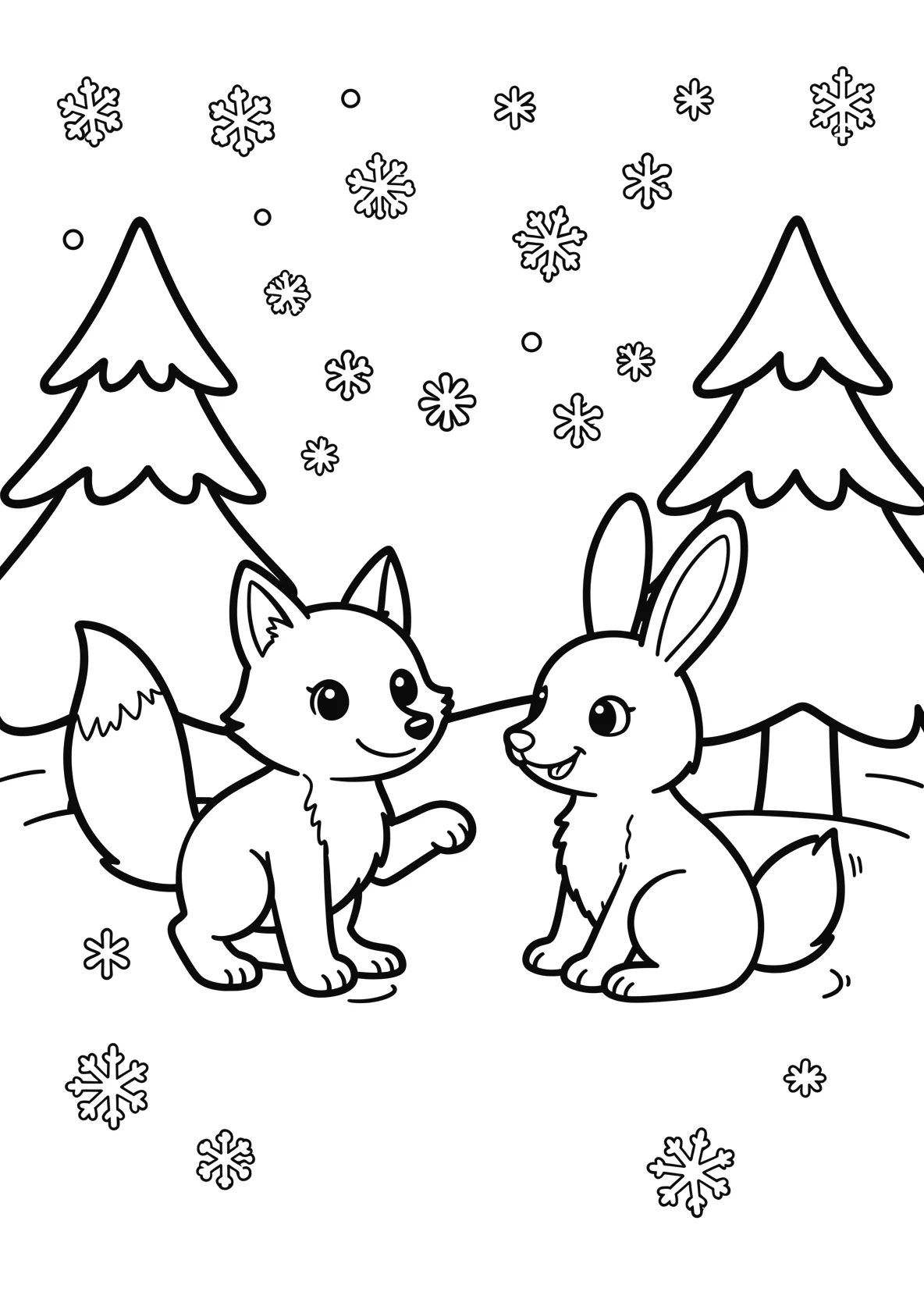 Ausmalbild Fuchs und ein Hase spielen zusammen im Schnee mit - Ausmalbild aus der Kategorie Tiere - kostenlos ausdrucken